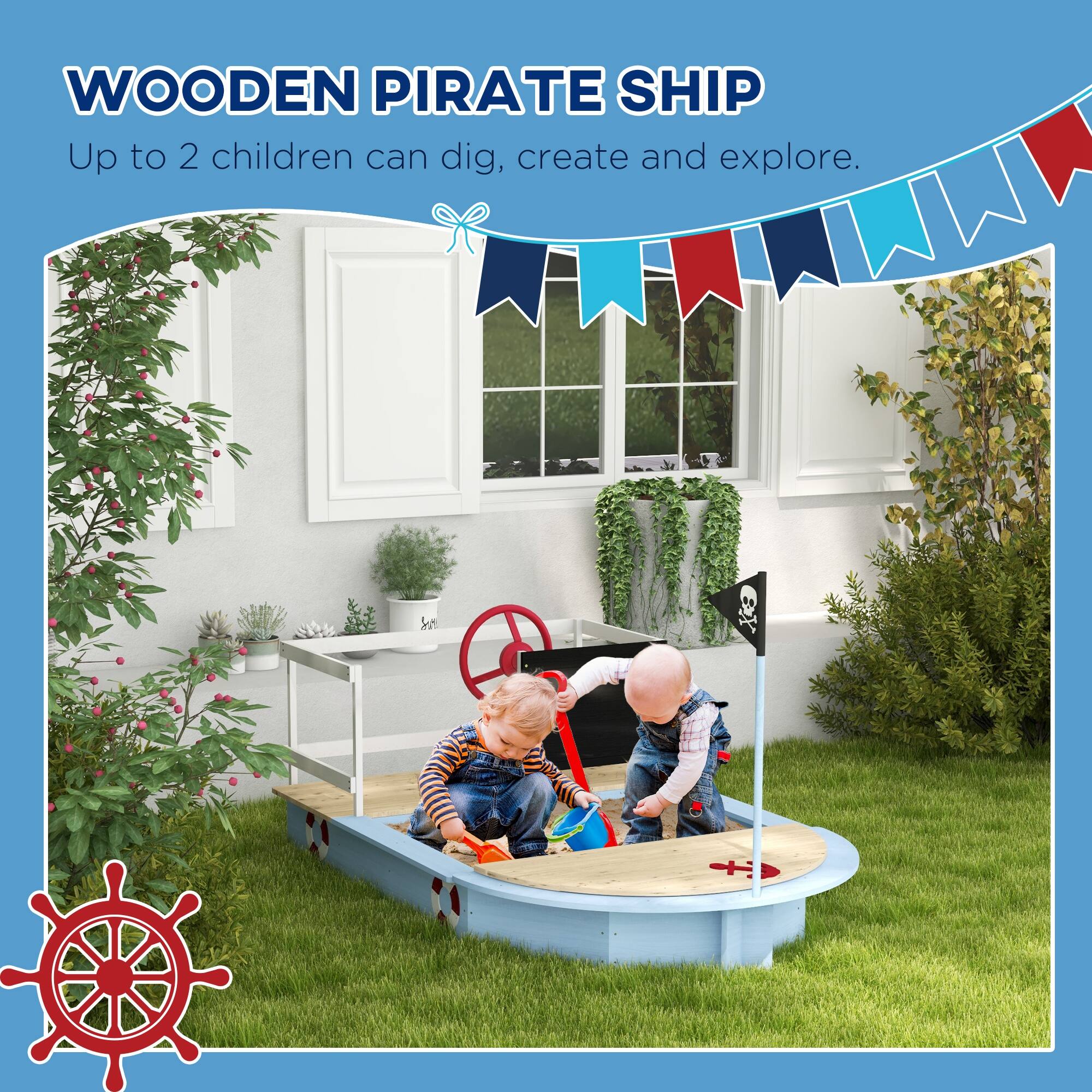 Back. Outsunny - Wooden Sandbox, Kids Pirate Ship Outdoor Sandbox with Blackboard, Flag, Rudder, Anchor Sign, Storage Deck, Sand Pit.