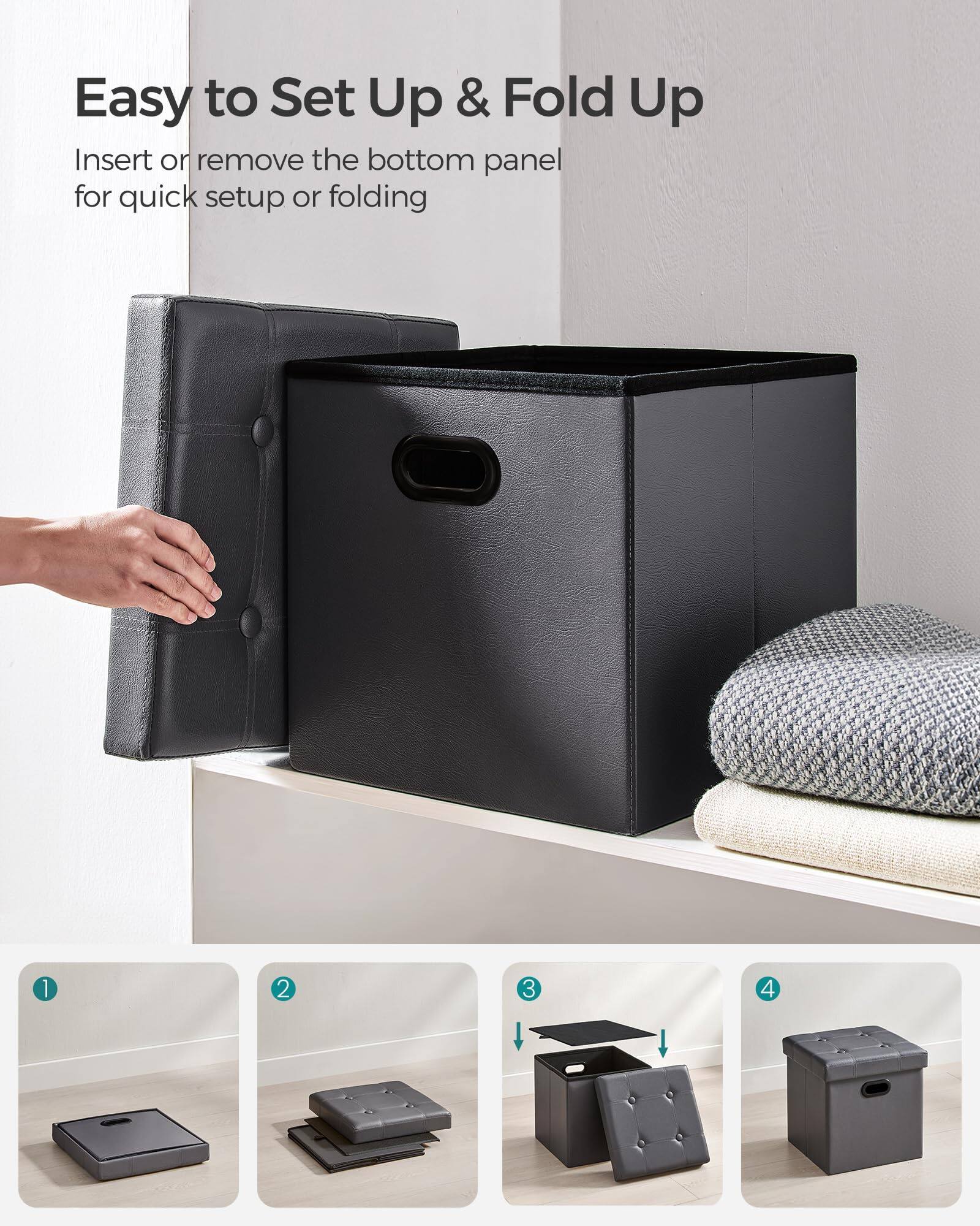 Easy to Set Up & Fold Up

Insert or remove the bottom panel for quick setup or folding

1. [Image of the bottom panel]
2. [Image of the bottom panel being removed]
3. [Image of the bottom panel being inserted]
4. [Image of the fully assembled storage box]