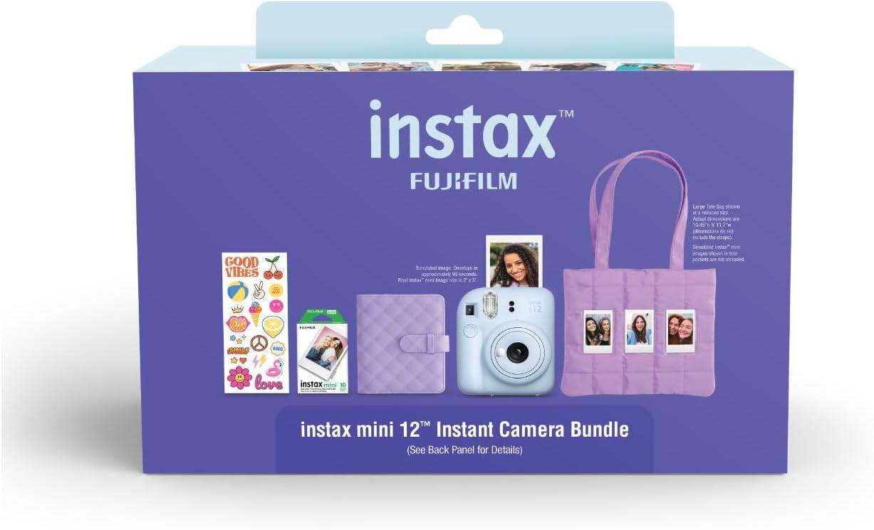 TM instax FUJIFILM GOOD VIBES Smstuted mage Develops - asprgemael DE seconds. Fiul inttar mis mnage N2 is x 7 Large Tote Bag shown if included. Actual dimensions are 10.45h x 11.7" ideenaione de fal IN the strapp) Semuhind "ostent ma mug stEman hte SODE nor INClUGAd 12 C IILC ONE S love instax mini 10 instax mini 12TM Instant Camera Bundle (See Back Panel for Details)