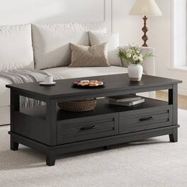 Jojoka - Farmhouse Coffee Table with Drawers, 47.2" Center Table Rustic Coffee Tables with Open Shelf - Black