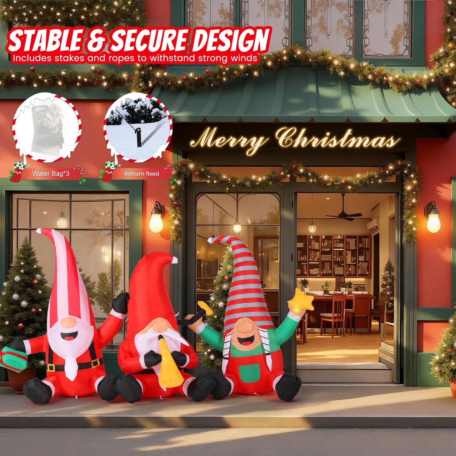 STABLE & SECURE DESIGN  
Includes stakes and ropes to withstand strong winds  

Water Bag*3  
Bottom fixed  

Merry Christmas