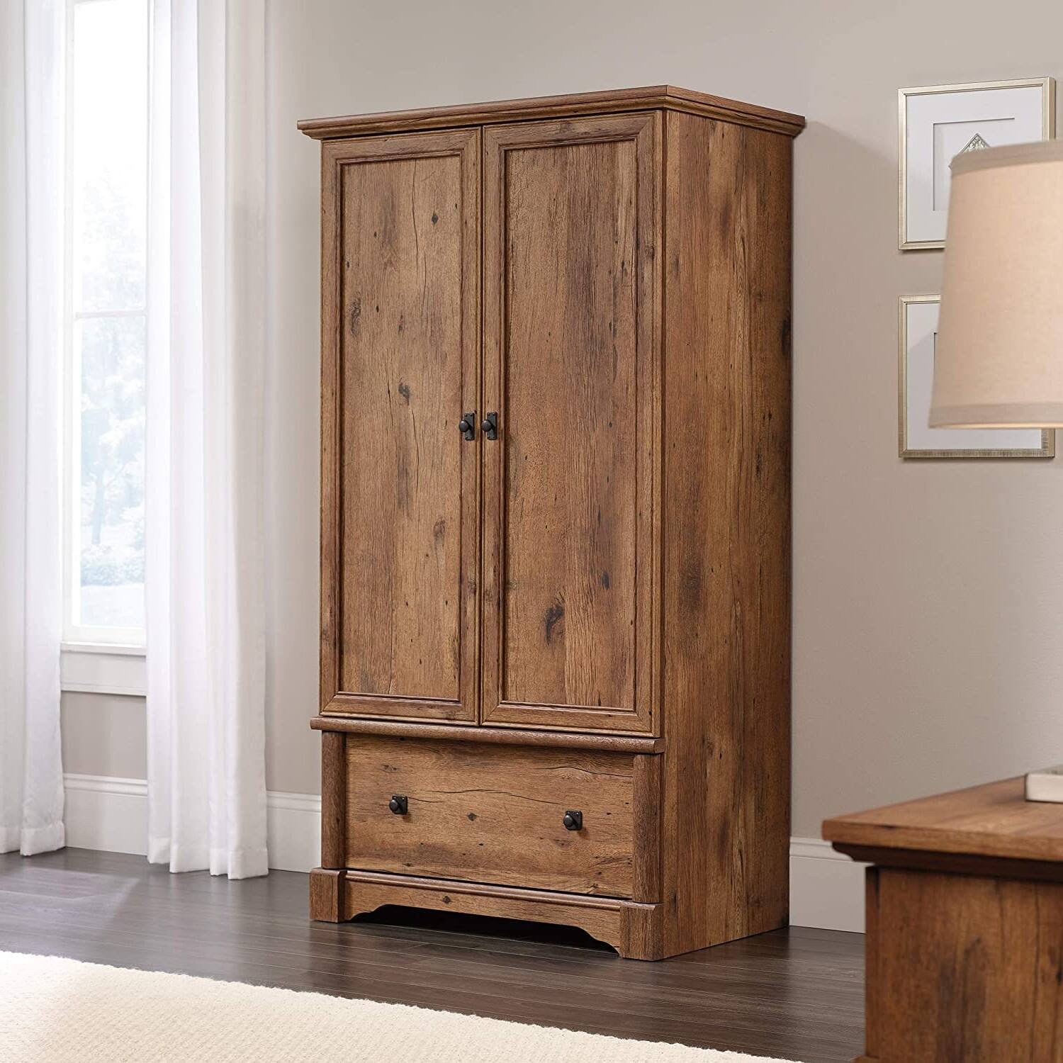 Angle. Hivvago - Rustic Oak Drawer and Garment Rod Wardrobe Armoire - Rustic Oak.