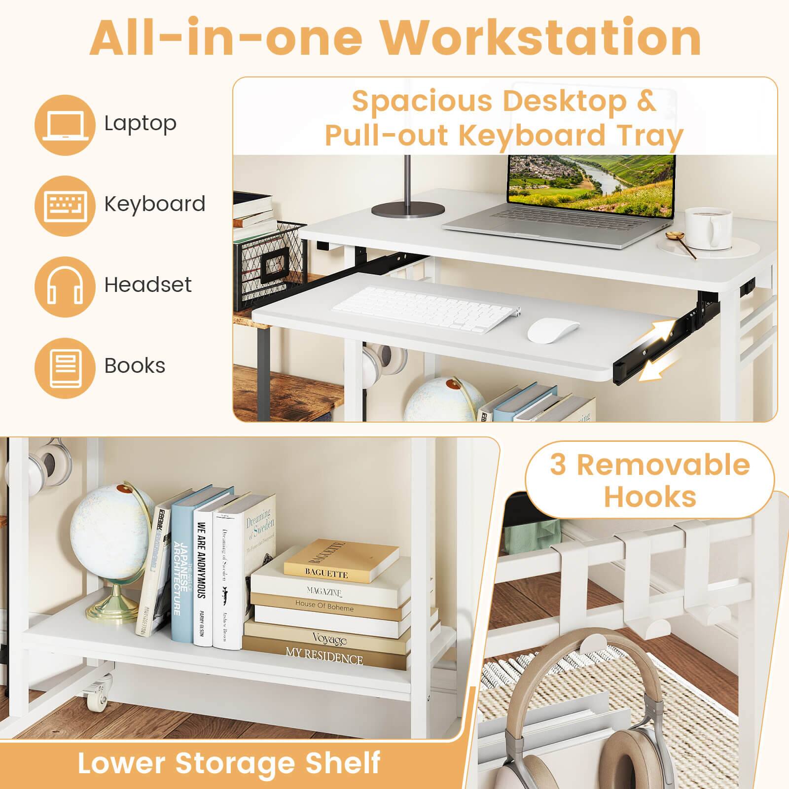 All-in-one Workstation  
Spacious Desktop & Laptop Pull-out Keyboard Tray  
Keyboard  
Headset  
Books  

Lower Storage Shelf  
3 Removable Hooks