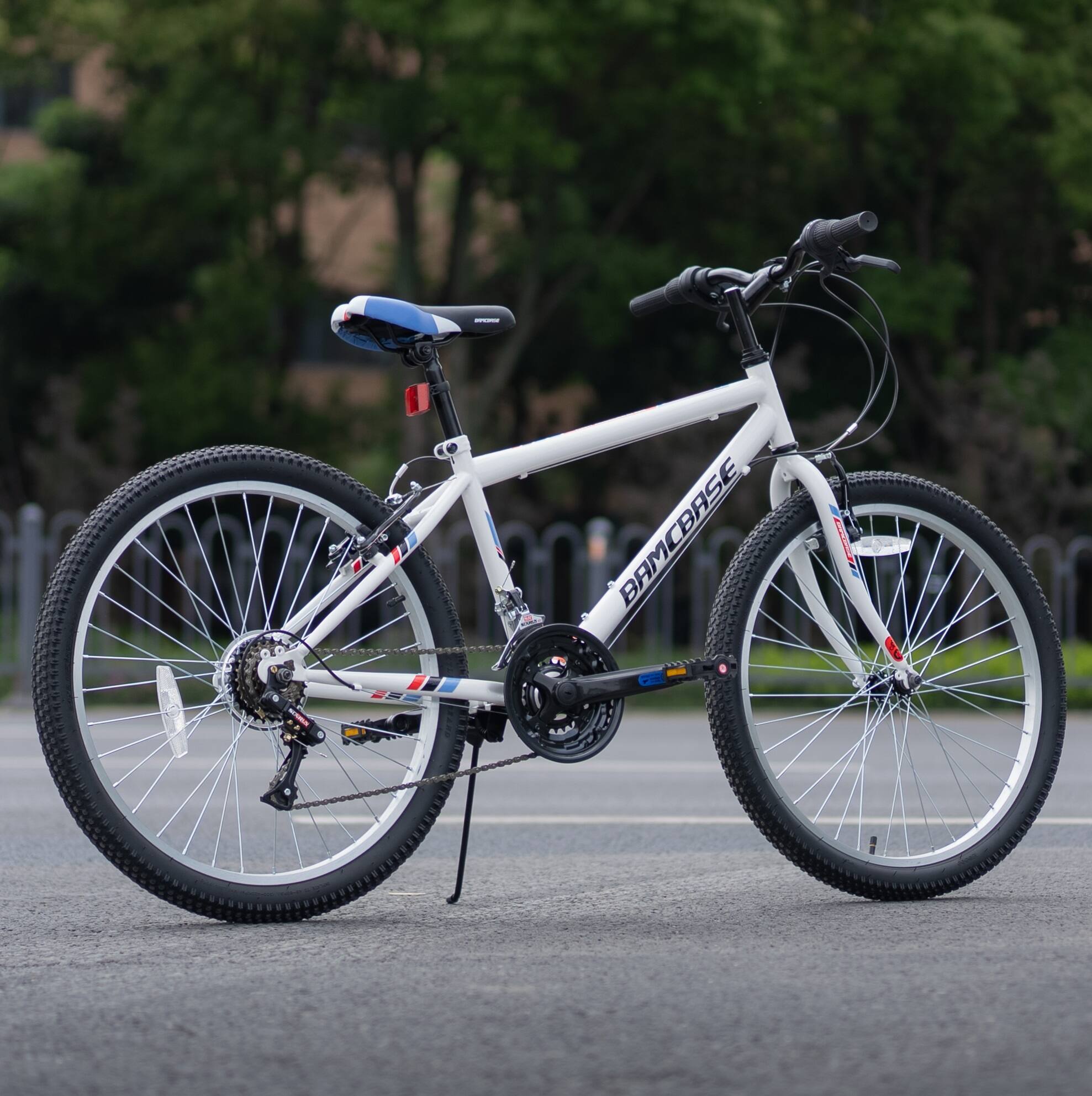 Angle. HILAND - BAMCBASE Sprague 26 inch Steel Mountain Bike for Adults, 18-Speed MTB with Rigid Fork, Men Women Bicycle, White - white.