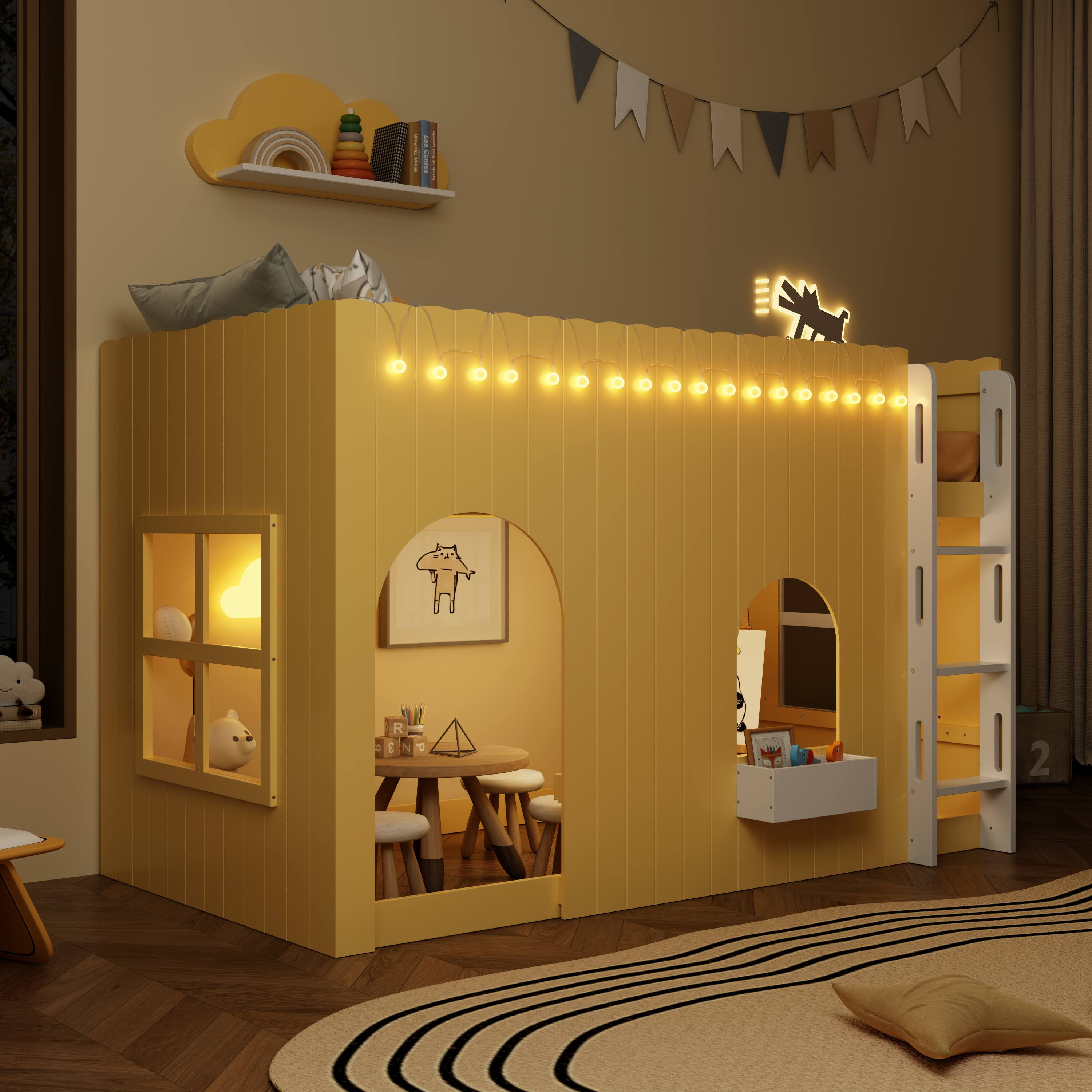 Left. Whisen - Kids Loft Bed with LED Light String,Cottage-Style Play House Bed with Guardrails - Yellow.