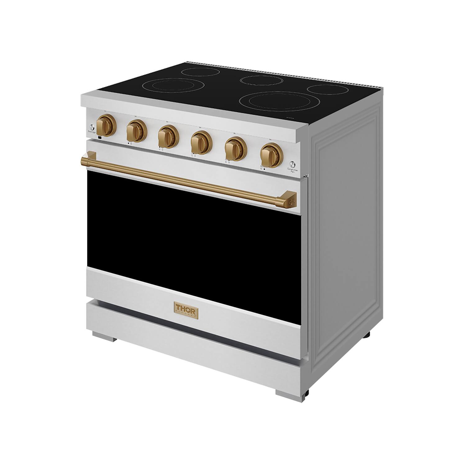 Angle. Thor Kitchen - Gordon Ramsay Series by Thor Kitchen 6.0 Cu. Ft Freestanding Electric Range with Bronze Hardware - Stainless Steel.
