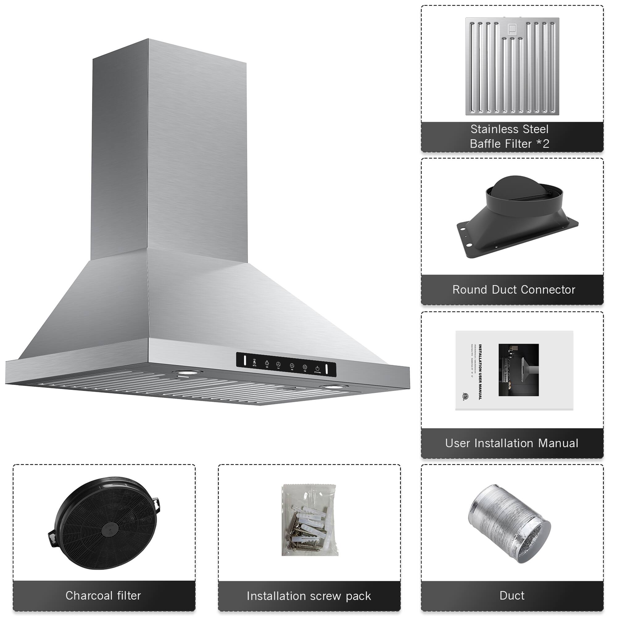 Stainless Steel Baffle Filter *2, Round Duct Connector, User Installation Manual, Charcoal filter, Installation screw pack, Duct