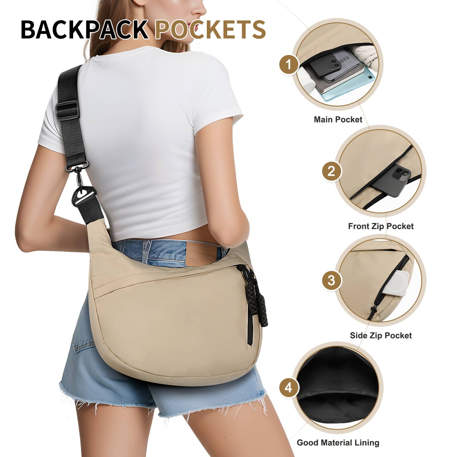 BACKPACK POCKETS

1. Main Pocket
2. Front Zip Pocket
3. Side Zip Pocket
4. Good Material Lining
