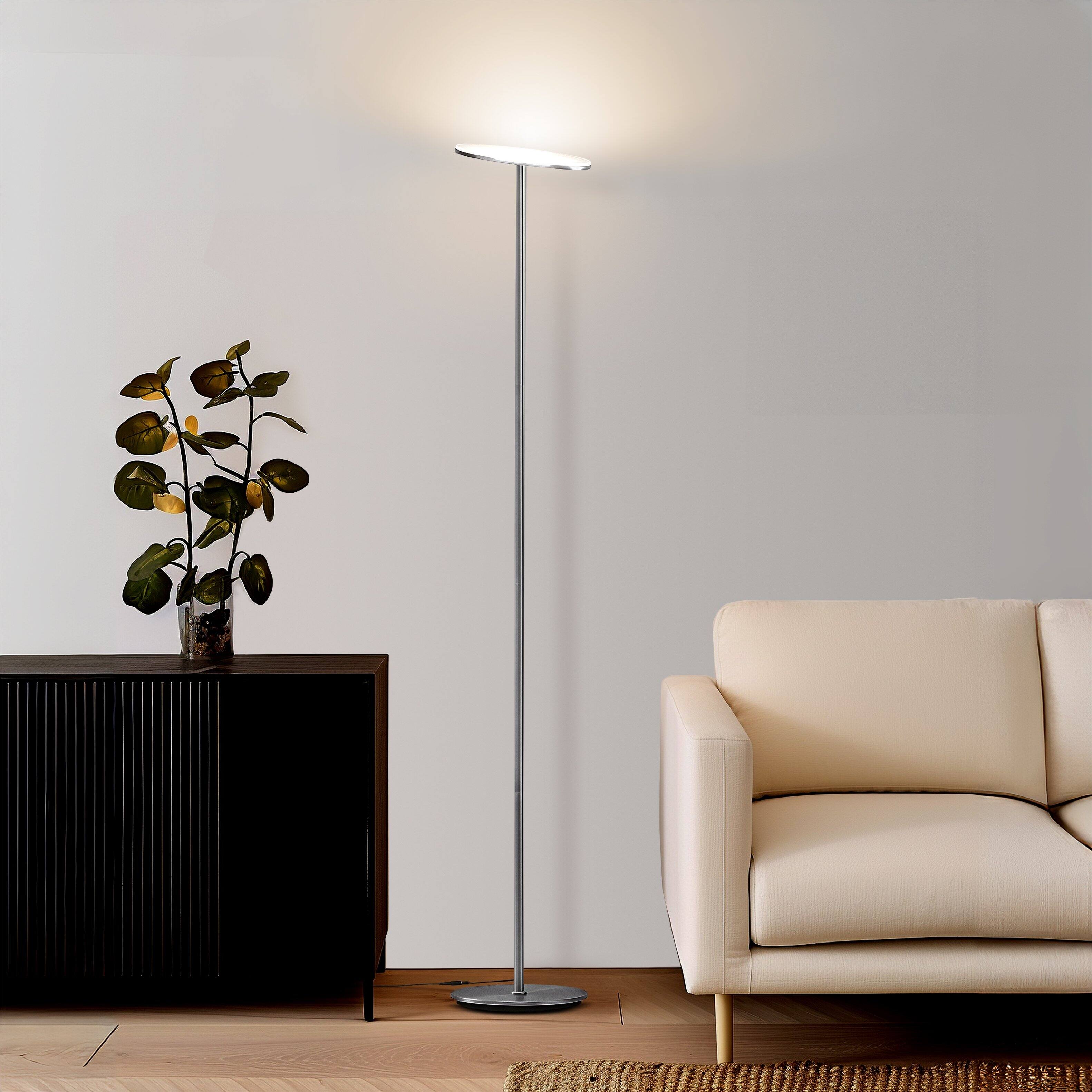 Angle. Brightech - Sky Flux LED Modern Industrial Torchère Dimmable Super Bright Floor Lamp with Built-in Adjustable Head Tilt - Brushed Satin Nickel.