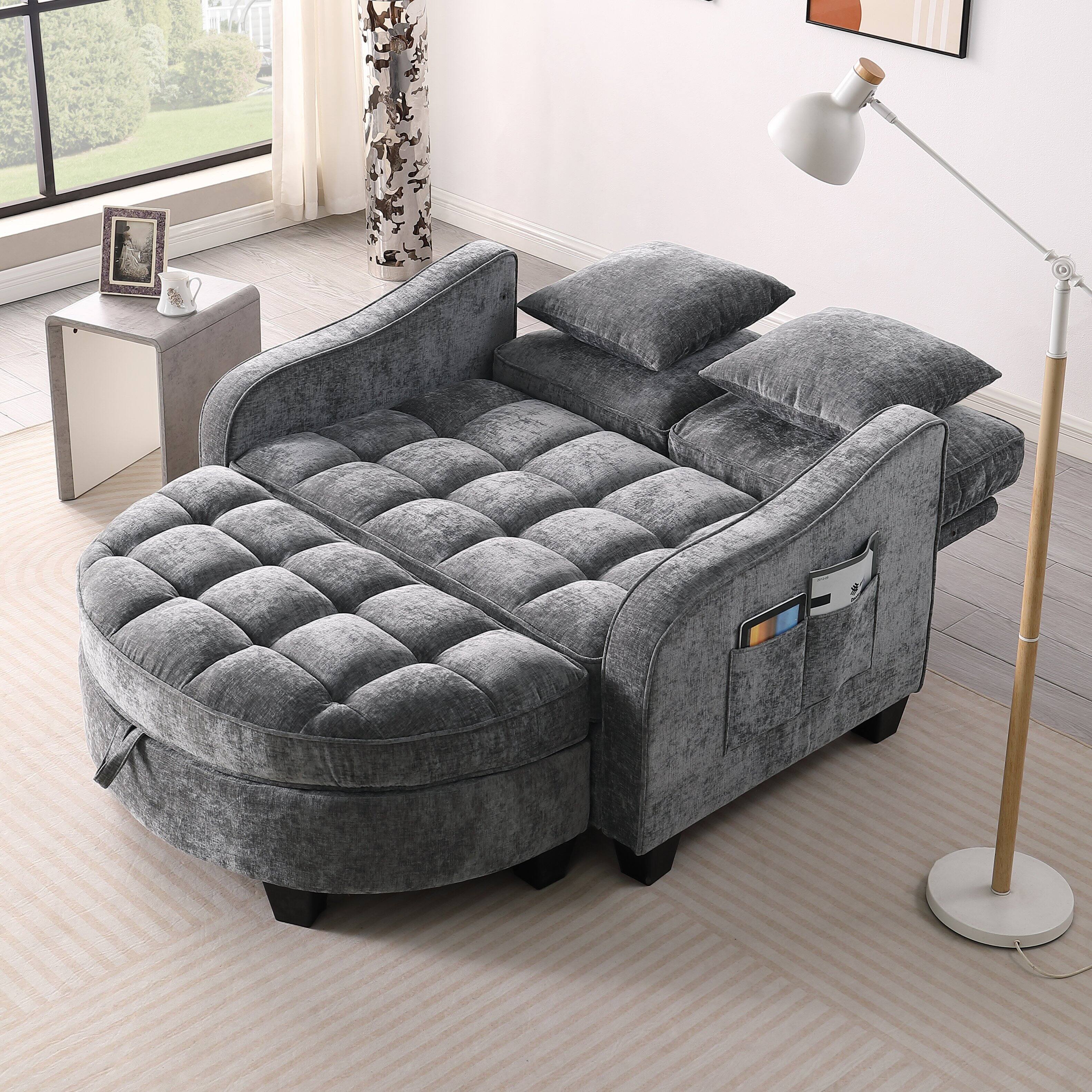 Angle. Whisen - Two-Seater Sofa Chaise Longue with Storage Footrest for Living Room and Bedroom - Grey.