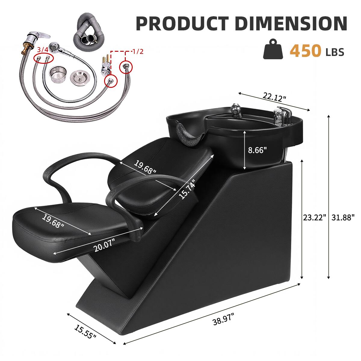 3/4 PRODUCT DIMENSION 5--C-1/2 -1/2 450 LBS  
22.12" 19.68" 20.07" 19.68" 15.74" 8.66" 23.22" 31.88" 15.55" 38.97"