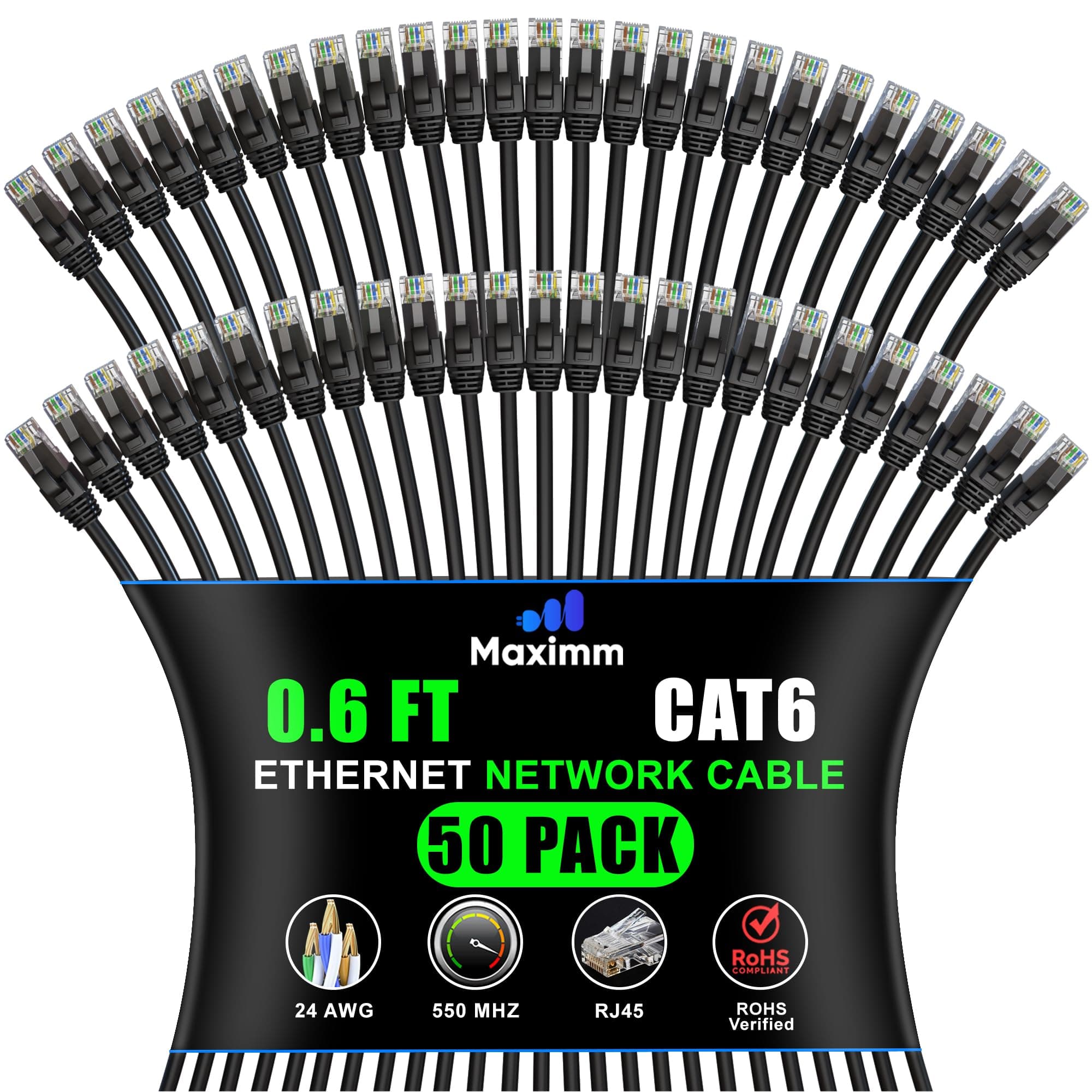 Maximm - Cat 6 Ethernet Cable 0.6 ft (50-Pack) - UTP, 10Gbps, 550MHz