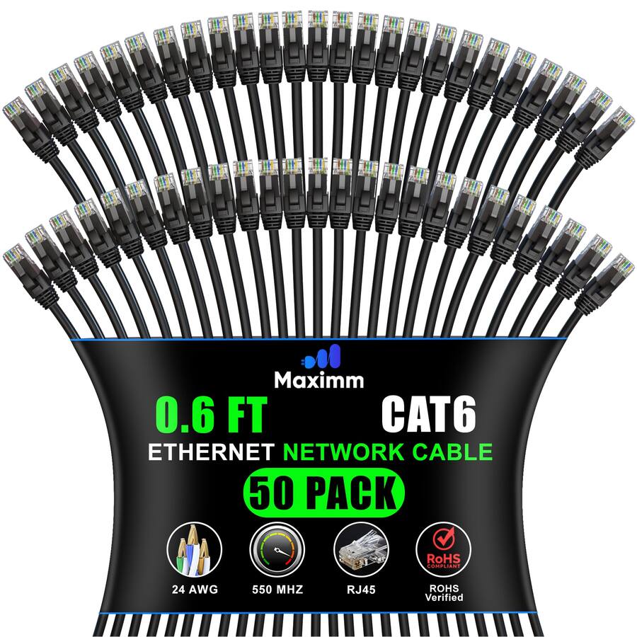 Maximm Cat 6 Ethernet Cable 0.6 ft (50 Pack) UTP, 10Gbps, 550MHz ...