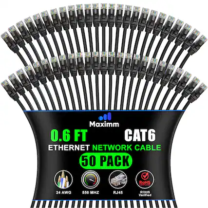 UE U U UE UR Maximm 0.6 FT CAT6 ETHERNET NETWORK CABLE 50 PACK RoHS COMPLIANT 24 AWG 550 MHZ RJ45 ROHS Verified