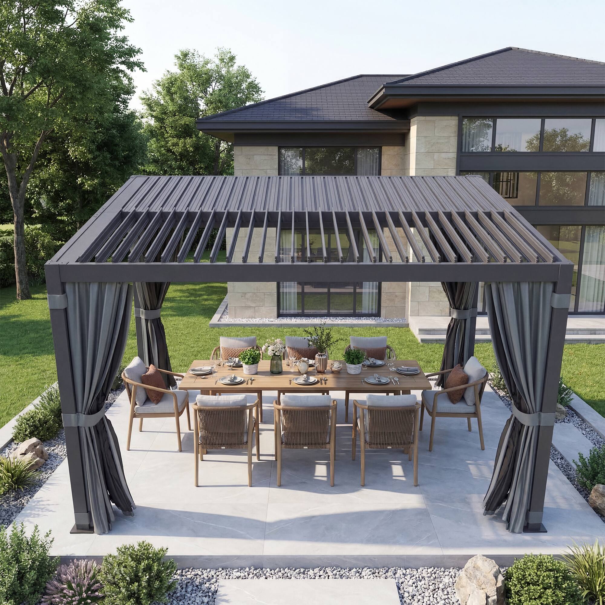 Angle. U-HOMY - 12x12 Aluminum Louvered Pergola with Adjustable Roof, Outdoor Patio Gazebo with Curtains for Backyard and Deck - Dark Gray.