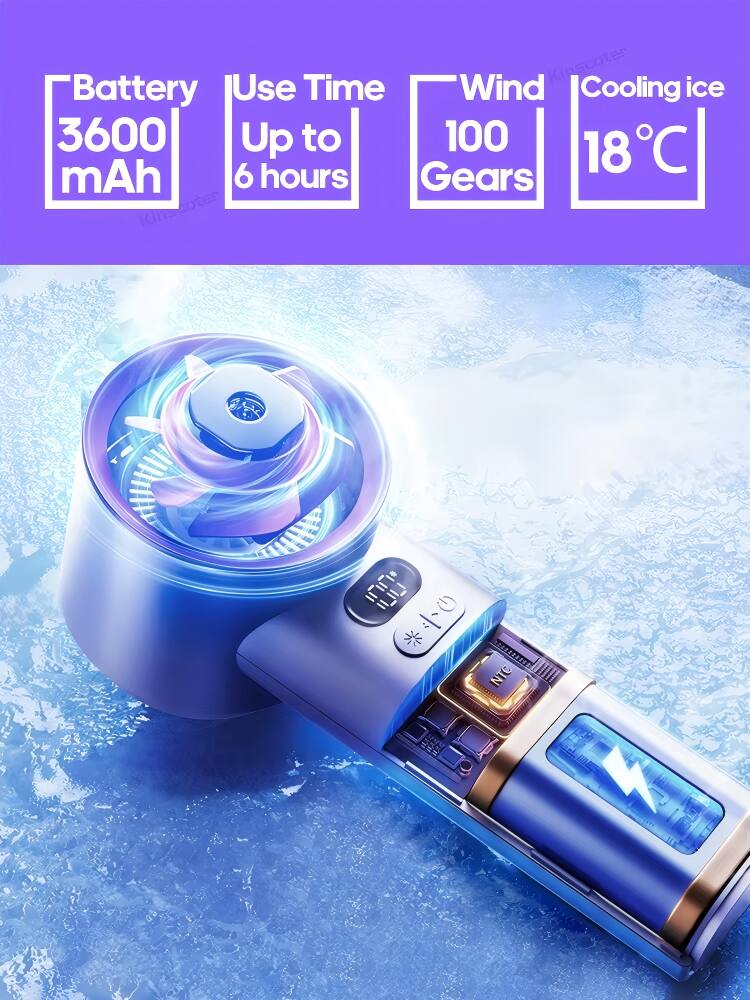 Kinscoten Battery Use Time Wind Cooling ice  
3600 mAh  
Up to 6 hours  
100 Gears  
18°C