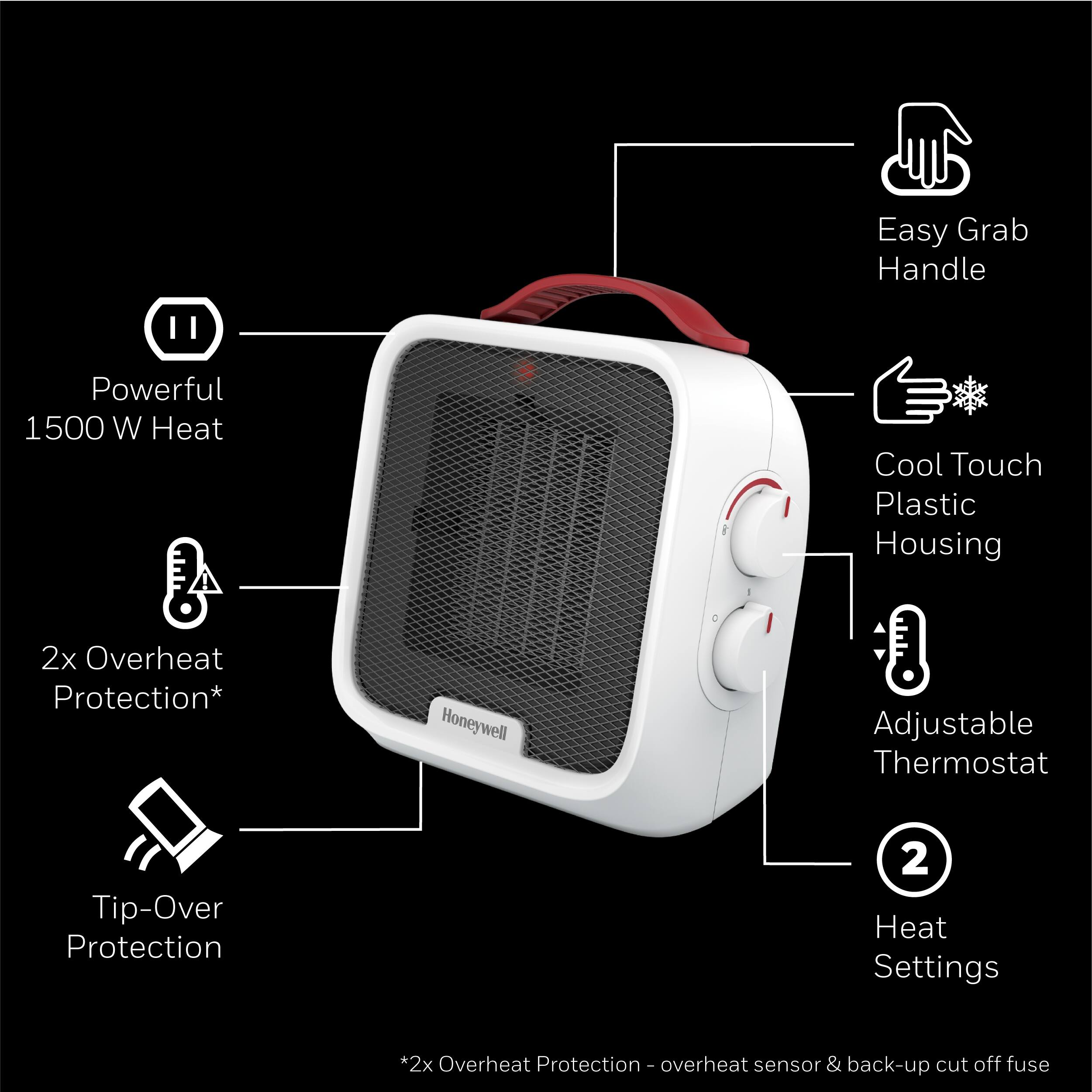 - Easy Grab Handle
- Powerful 1500 W Heat
- Cool Touch Plastic Housing
- 2x Overheat Protection*
- Tip-Over Protection
- Adjustable Thermostat
- 2 Heat Settings

*2x Overheat Protection - overheat sensor & back-up cut off fuse