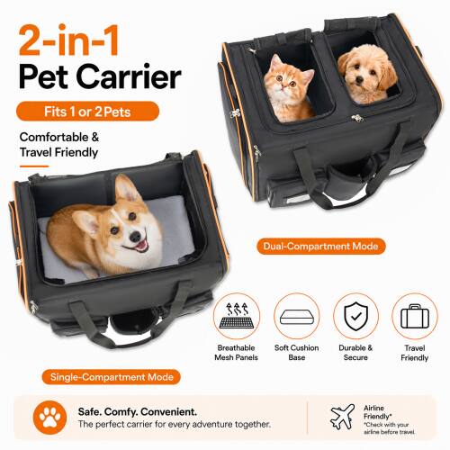 2-in-1 Pet Carrier  
Fits 1 or 2 Pets  
Comfortable & Travel Friendly  

Dual-Compartment Mode  
Breathable Mesh Panels  
Soft Cushion Base  
Durable & Secure  
Travel Friendly  

Single-Compartment Mode  

Safe. Comfy. Convenient.  
The perfect carrier for every adventure together.  

Airline Friendly*  
*Check with your airline before travel