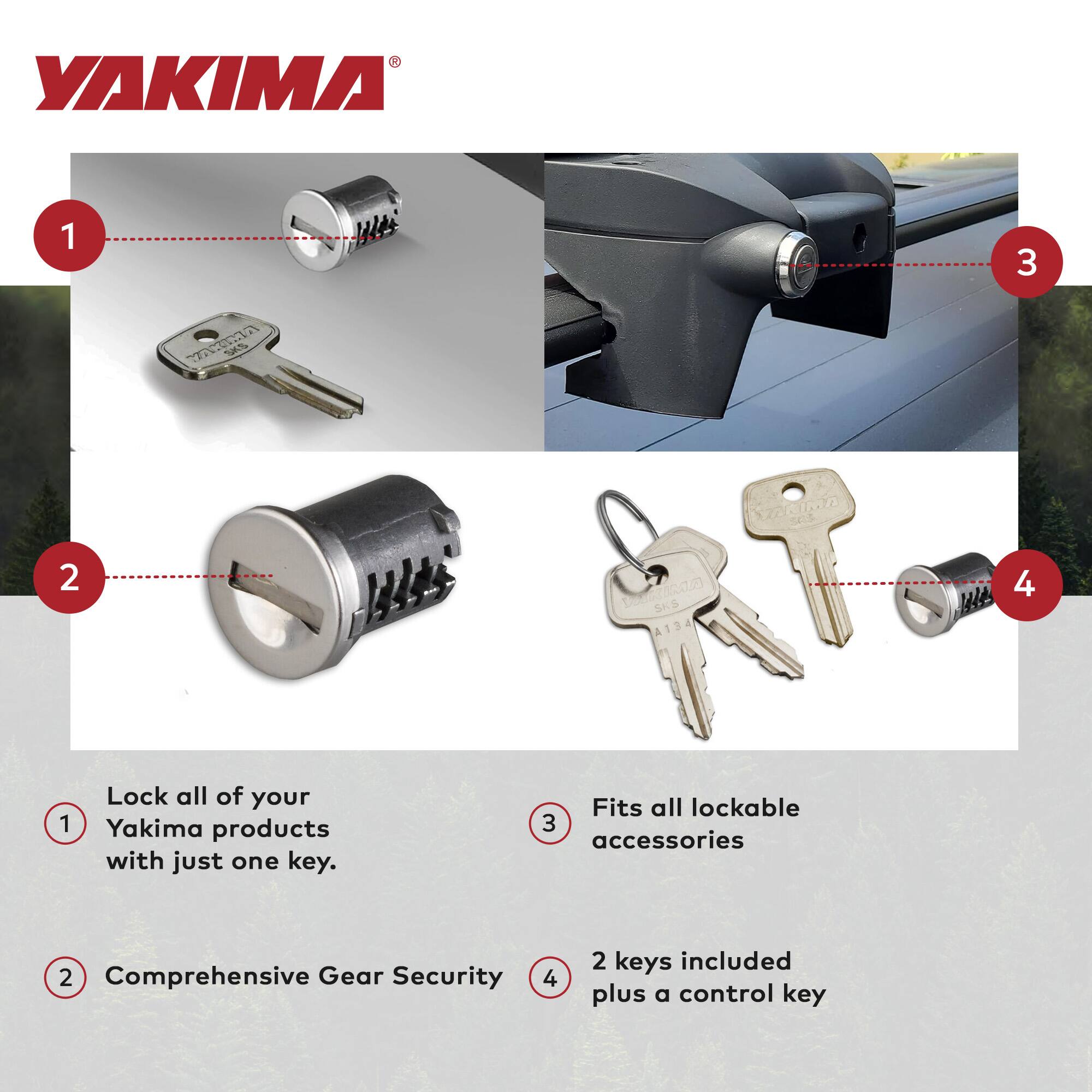 1. Lock all of your Yakima products with just one key.

2. Comprehensive Gear Security

3. Fits all lockable accessories

4. 2 keys included plus a control key