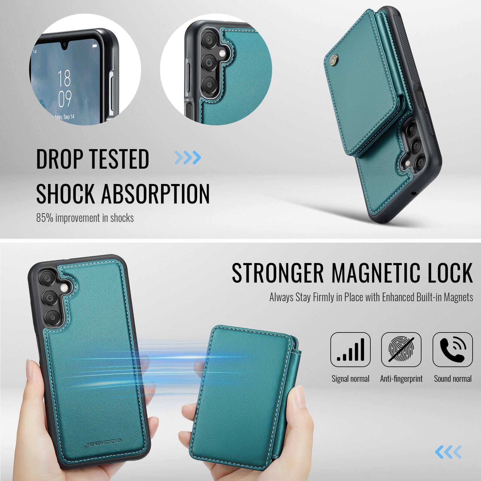 18 09 NOT Sep A DROP TESTED >>> SHOCK ABSORPTION 85% improvement in shocks STRONGER MAGNETIC LOCK Always Stay Firmly in Place with Enhanced Built-in Magnets Signal normal Anti-fingerprint Sound normal JEEHDOD