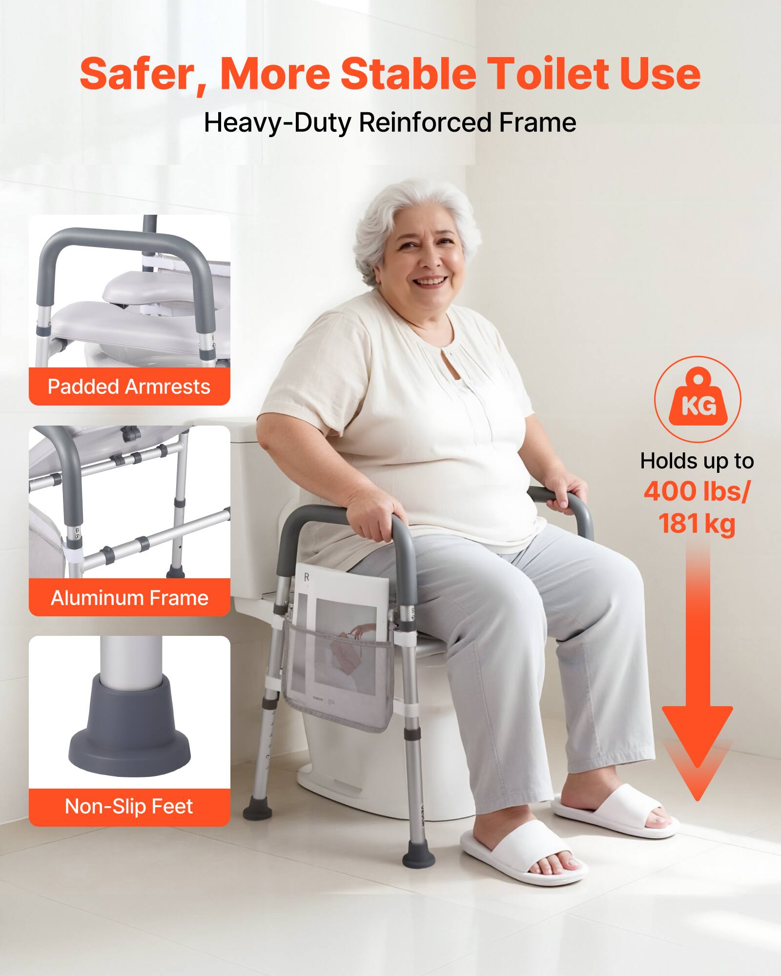 Safer, More Stable Toilet Use  
Heavy-Duty Reinforced Frame  

- Padded Armrests  
- Aluminum Frame  
- Non-Slip Feet  

Holds up to 400 lbs/ 181 kg