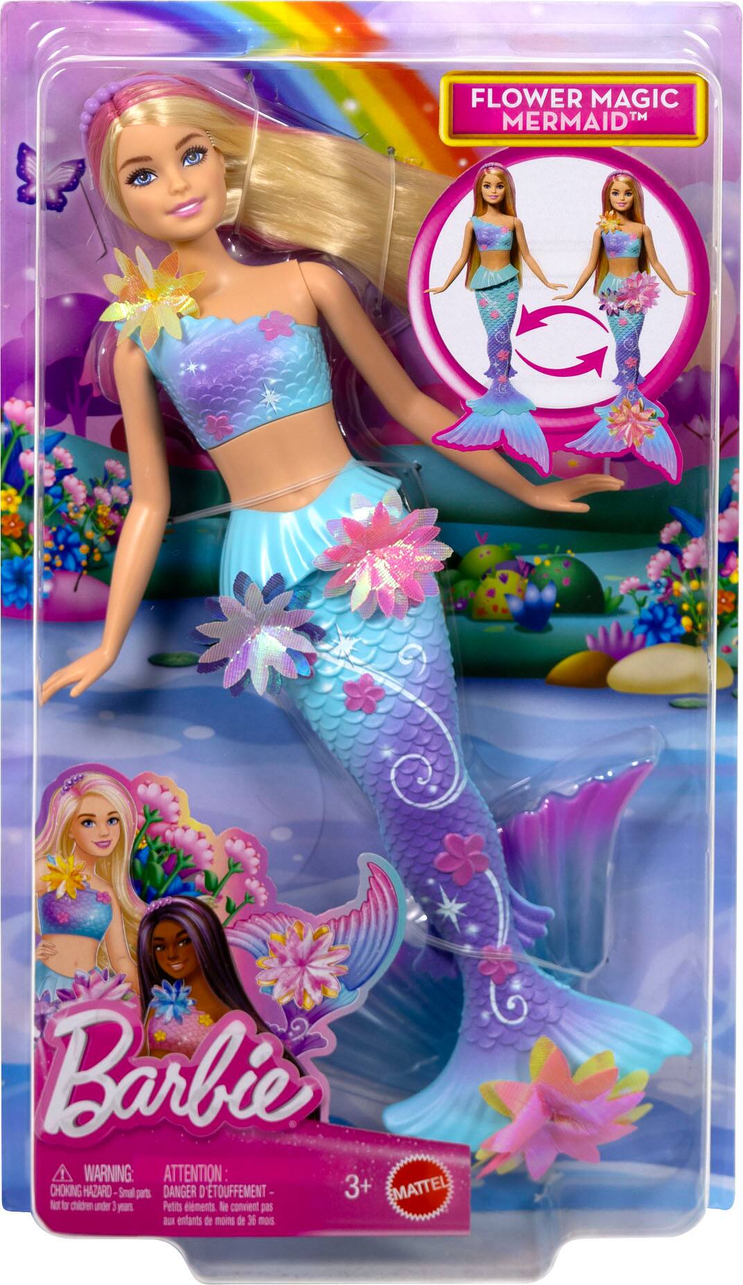 Sure, here is the corrected and grouped text from the image:

---

**Barbie**

**FLOWER MAGIC MERMAID™**

**WARNING: ATTENTION CHOKING HAZARD - Small parts. Not for children under 3 years.**

**DANGER D'ÉTOUFFEMENT - Petits éléments. Ne convient pas aux enfants de moins de 36 mois.**

**3+**

**MATTEL**

---