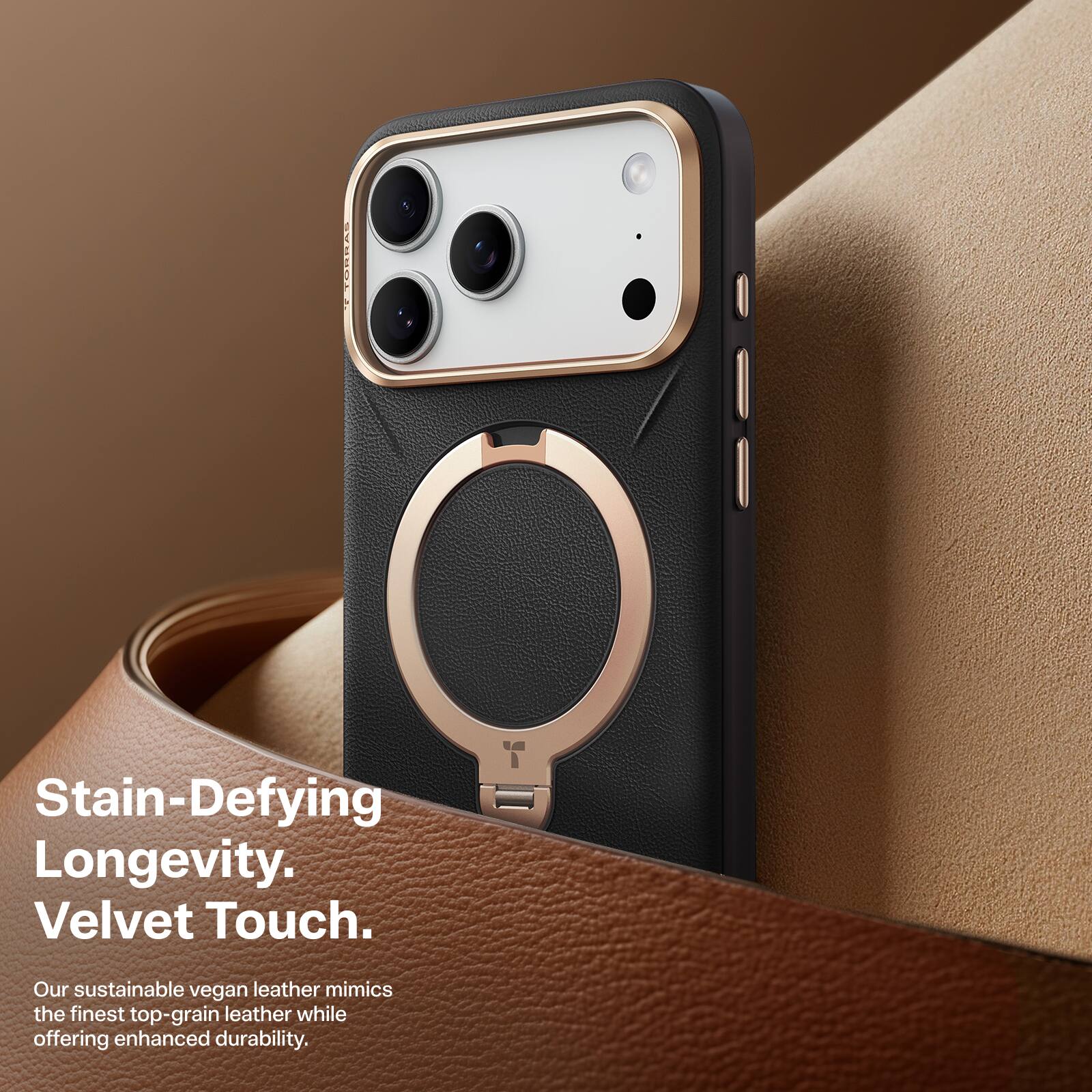 Stain-Defying Longevity. Velvet Touch.  
Our sustainable vegan leather mimics the finest top-grain leather while offering enhanced durability.