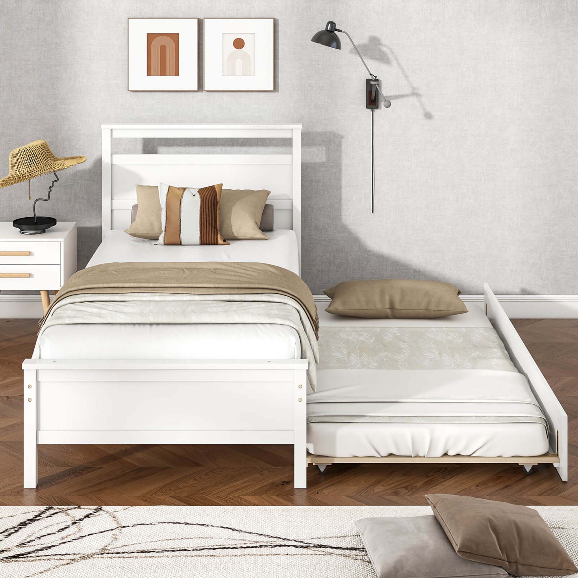 Alt View 1. Costway - Twin Size Platform Bed with Trundle Pull-out Trundle Headboard & Footboard - White.