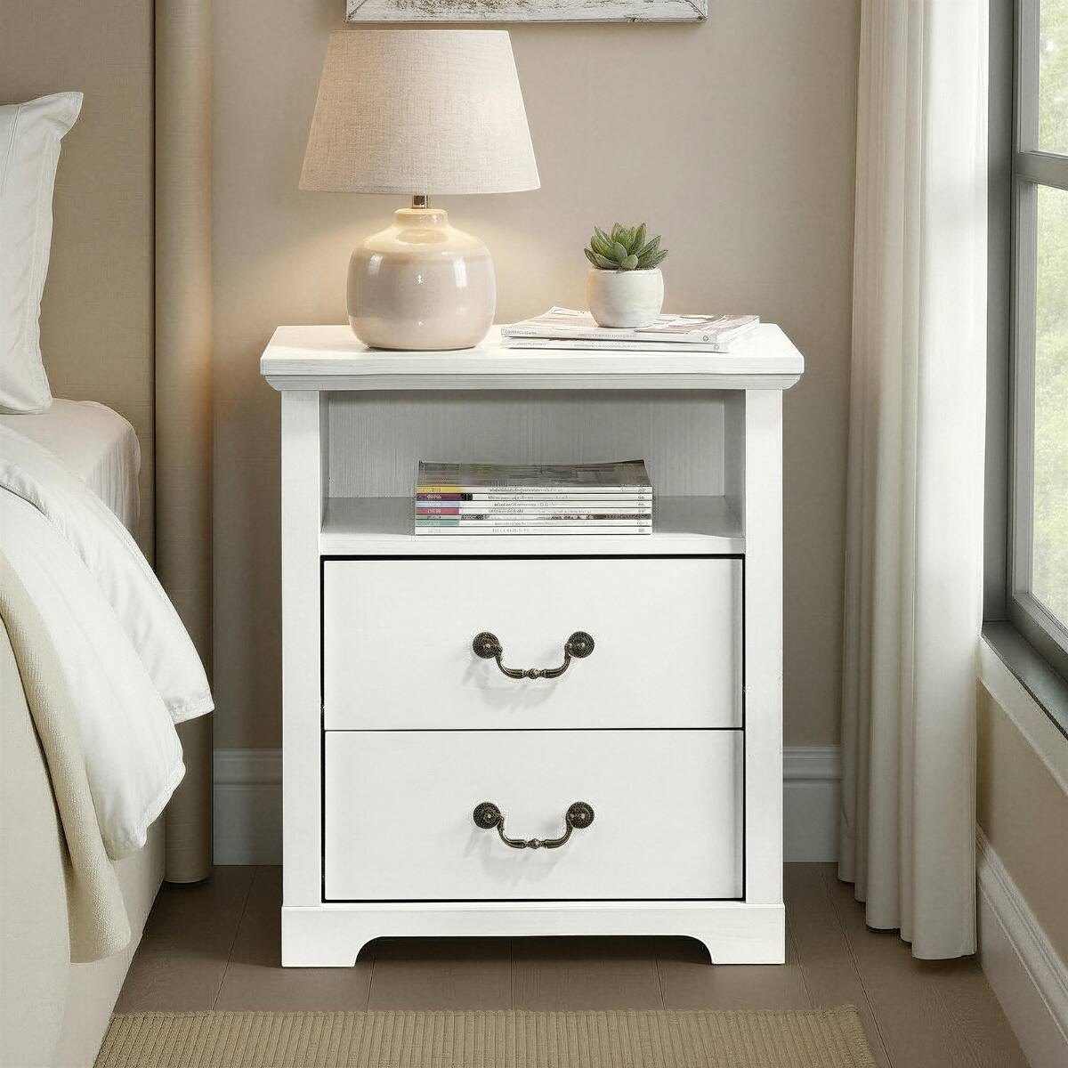 Angle. Loheer - Loheer Set of 2 White Nightstands with Open Shelf and 2 Drawers, Rustic Bedroom Furniture - White.