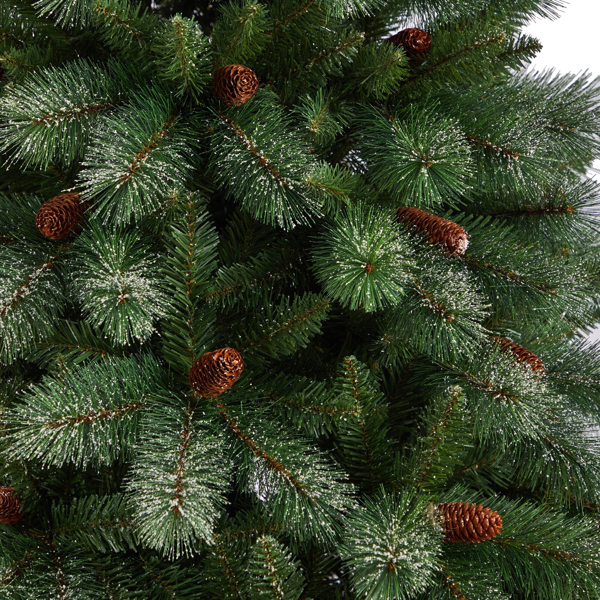 Left. BreeBe - 8' Snowed French Pine Xmas Tree w/1159 Tips and Pine Cones - Green.