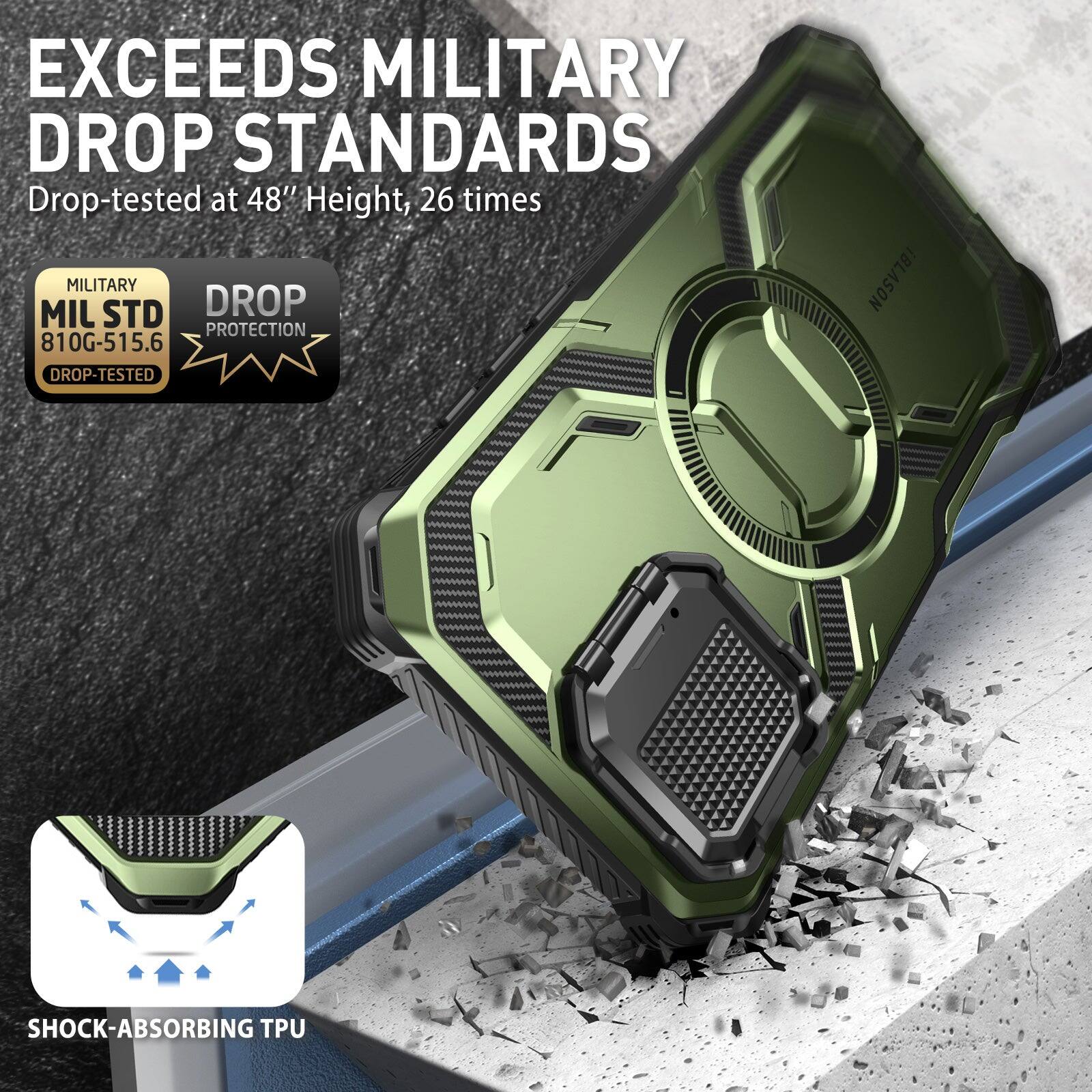 EXCEEDS MILITARY DROP STANDARDS  
Drop-tested at 48" Height, 26 times  

MILITARY  
MIL STD 810G-515.6  
DROP PROTECTION  
DROP-TESTED  

SHOCK-ABSORBING TPU