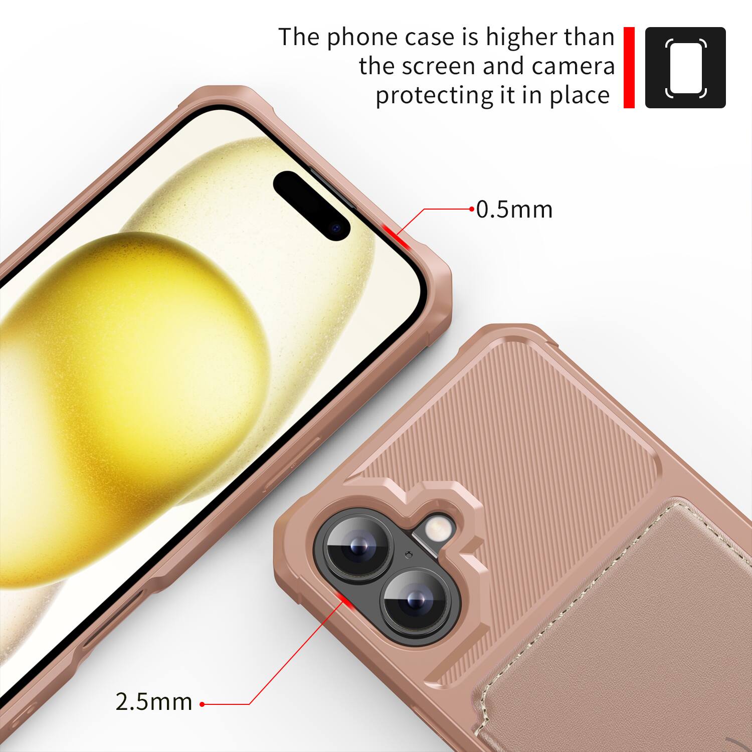 The phone case is higher than the screen and camera protecting it in place.  
0.5mm  
2.5mm