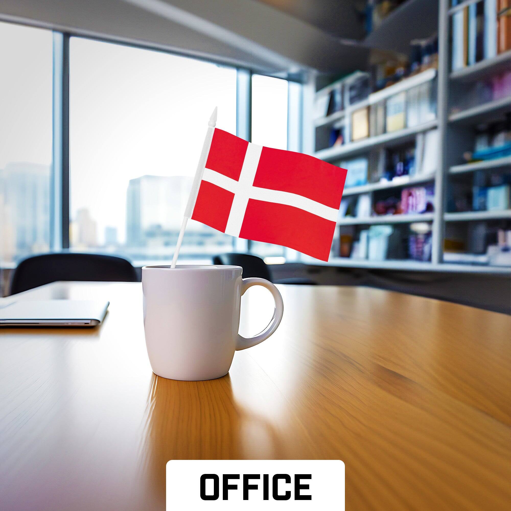 Left. G128 - 12-Pack Handheld Denmark Stick Flags, 4" x 6" 150D Polyester with Plastic Spear Top. - Assorted Colors.