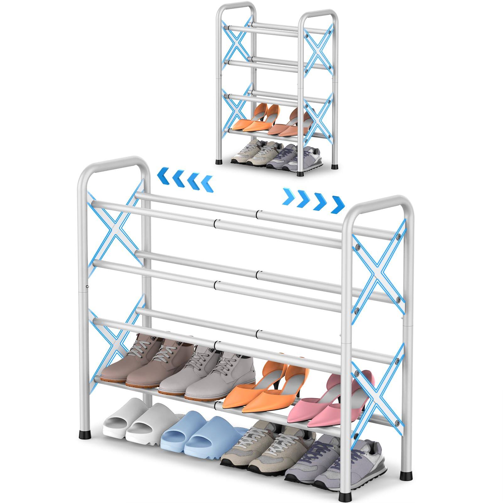 Front. Hanke - 4-tier Expandable Shoe Rack For Closet Floor X-frame Metal Entryway Adjustable Shelf Organizer Free Standing - White 4 Tier.