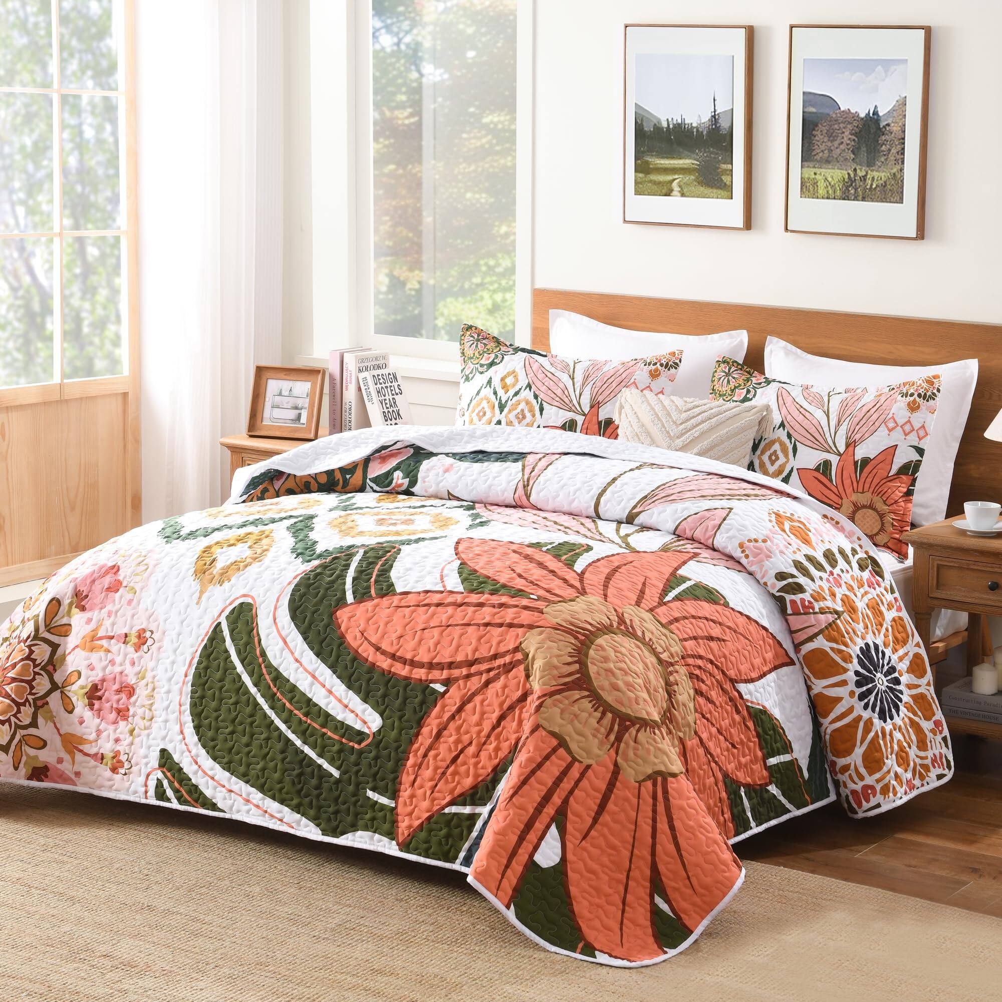 Earthley Blooms - Floral Boho Queen Quilt Bedding Set 3 Pieces