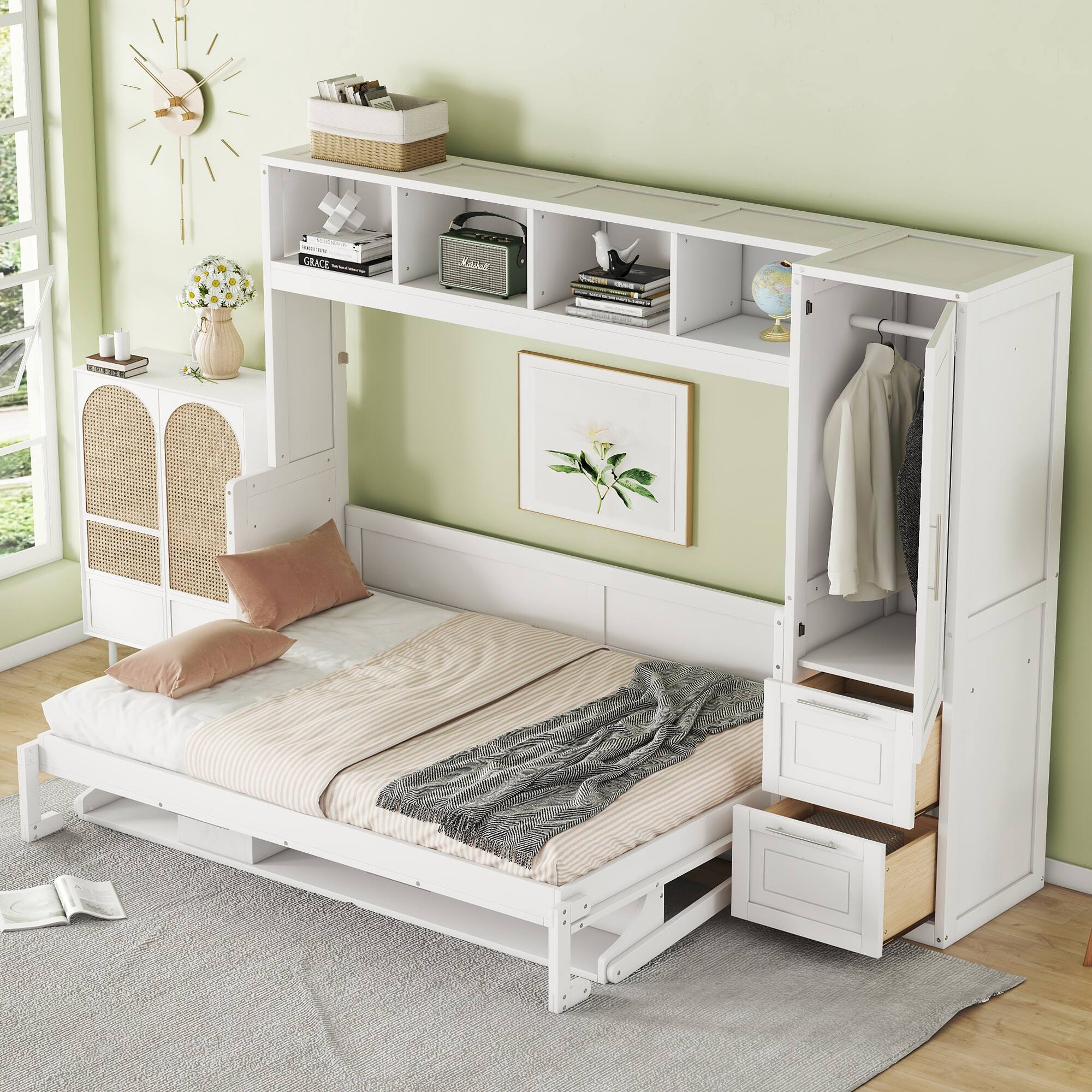 Back. Tiramisubest - Full Size White Murphy Bed Wall Bed with Closet & Drawers, MDF+LVL, 108x58x72", 292 lbs - White.