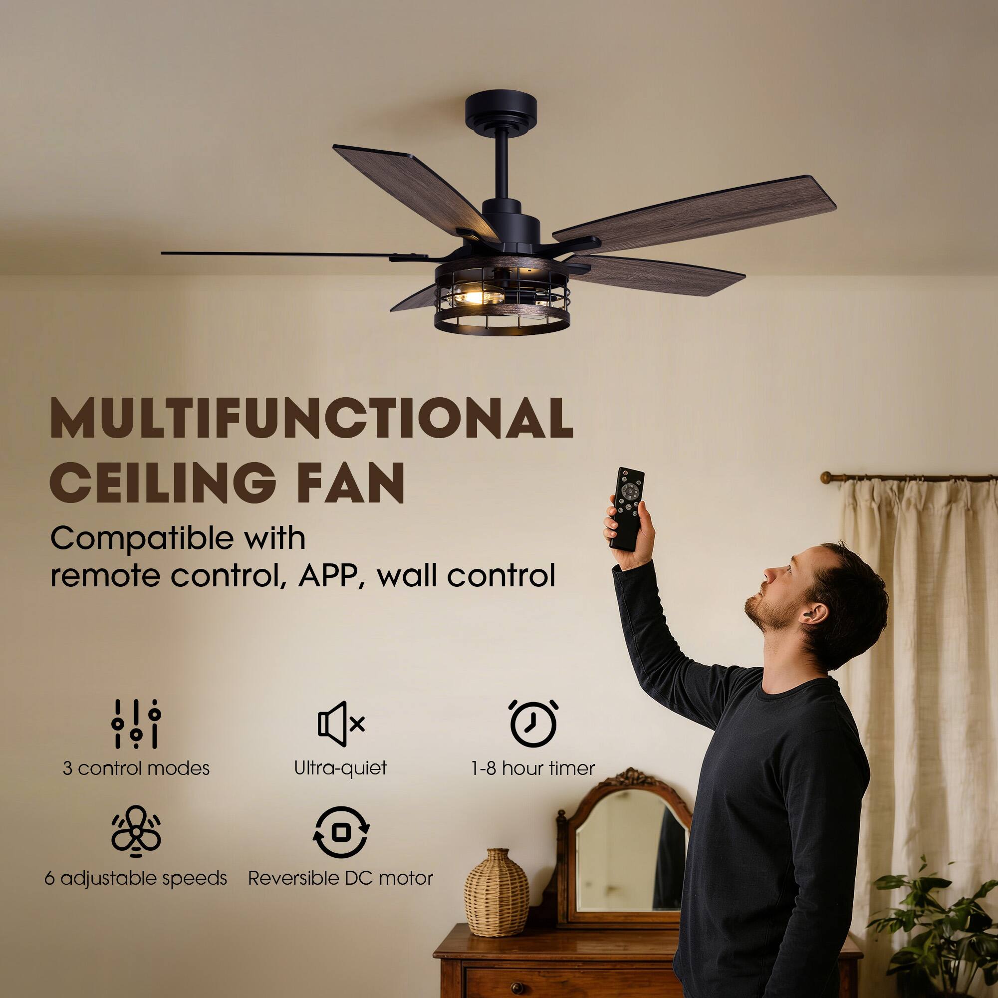 Siljoy 52 Inch Farmhouse Ceiling Fan with Lights, Rustic Ceiling Fan ...