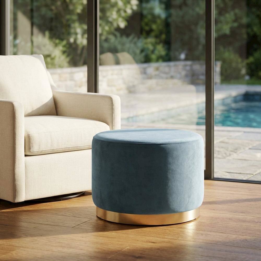 Left. Outdoor Escape - Round performance velvet ottoman with plush upholstery and versatile design - Blue.