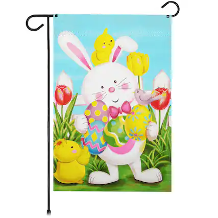 Front. G128 - Happy Easter Garden Flag 12 x 18 in Double-Sided Bunny with Easter Eggs. - Multicolor.