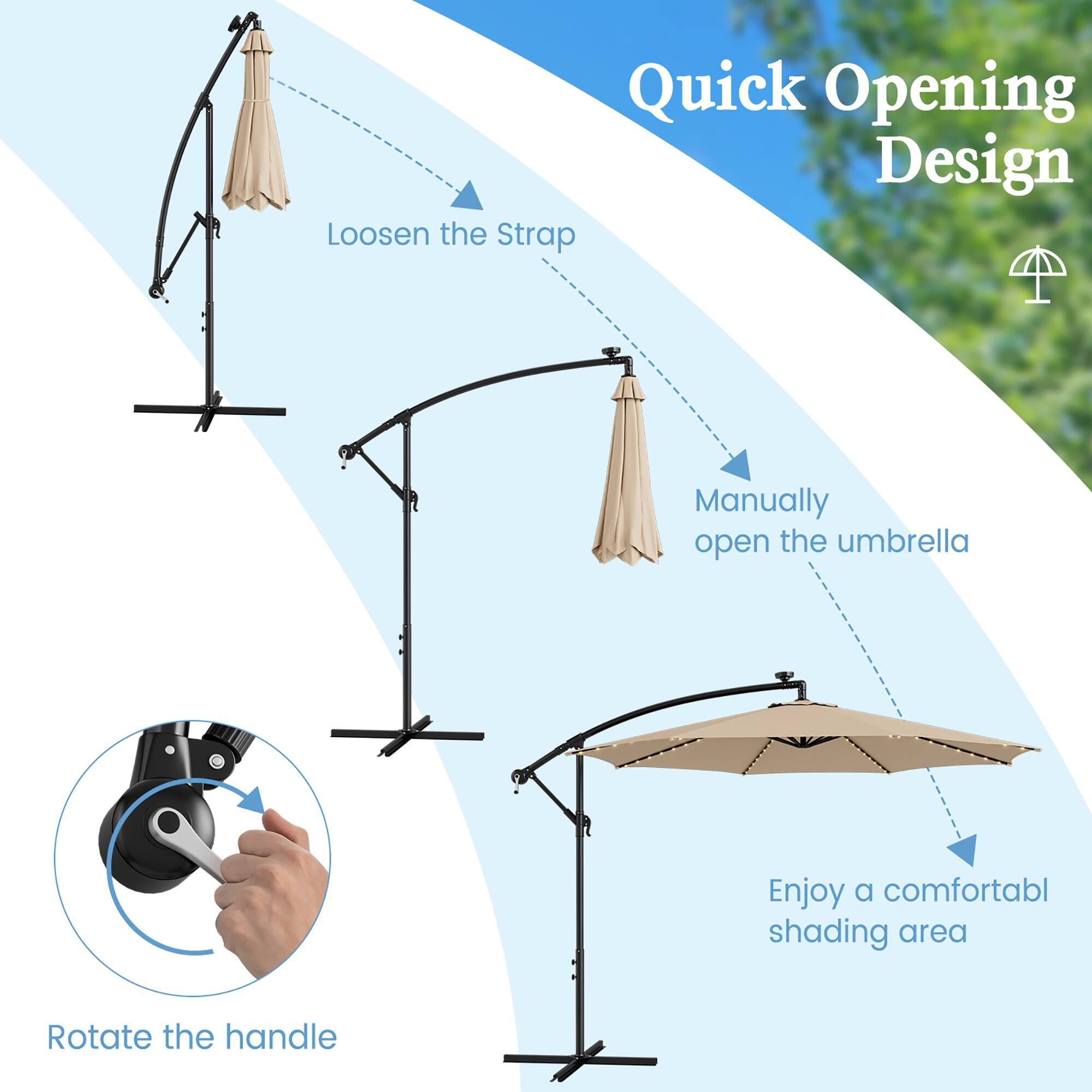 Quick Opening Design

Rotate the handle
Loosen the Strap
Manually open the umbrella
Enjoy a comfortable shading area