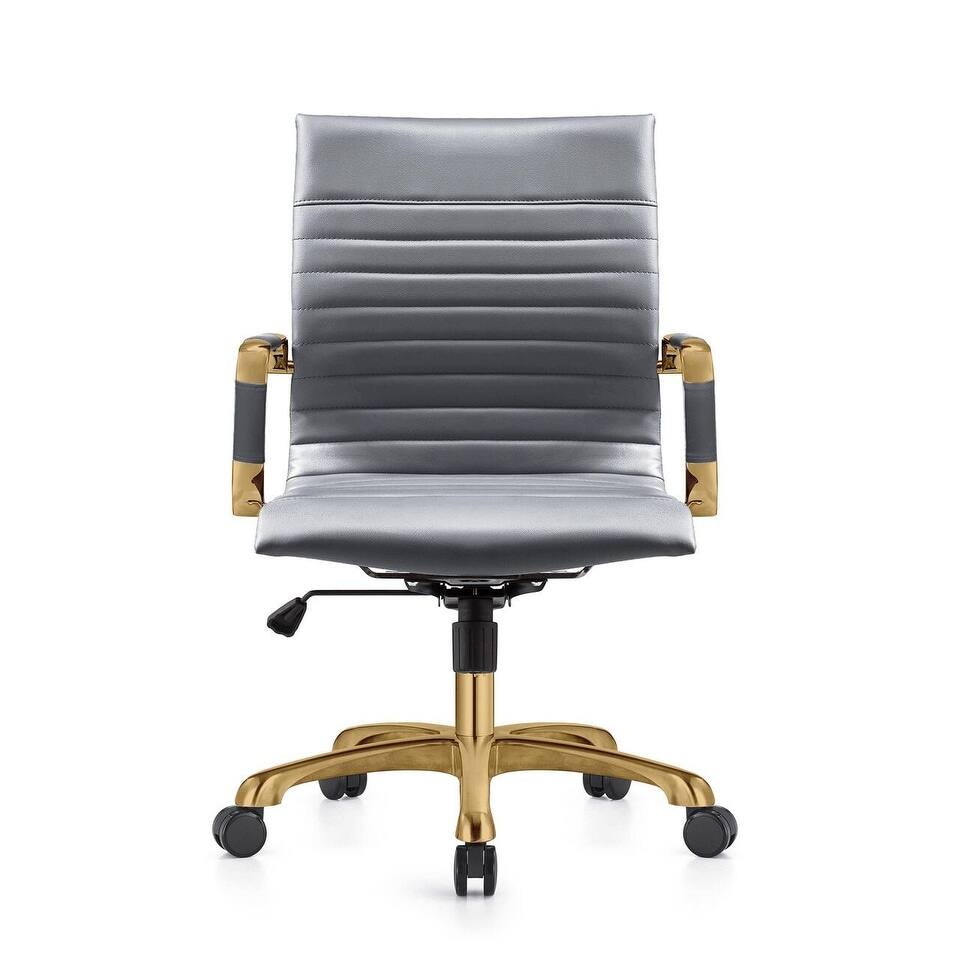 Back. LeisureMod - Harris Mid-Back Office Chair, Leather Upholstery with Gold Metal Frame Modern Armless Desk Chair for Conference Seating - Grey.