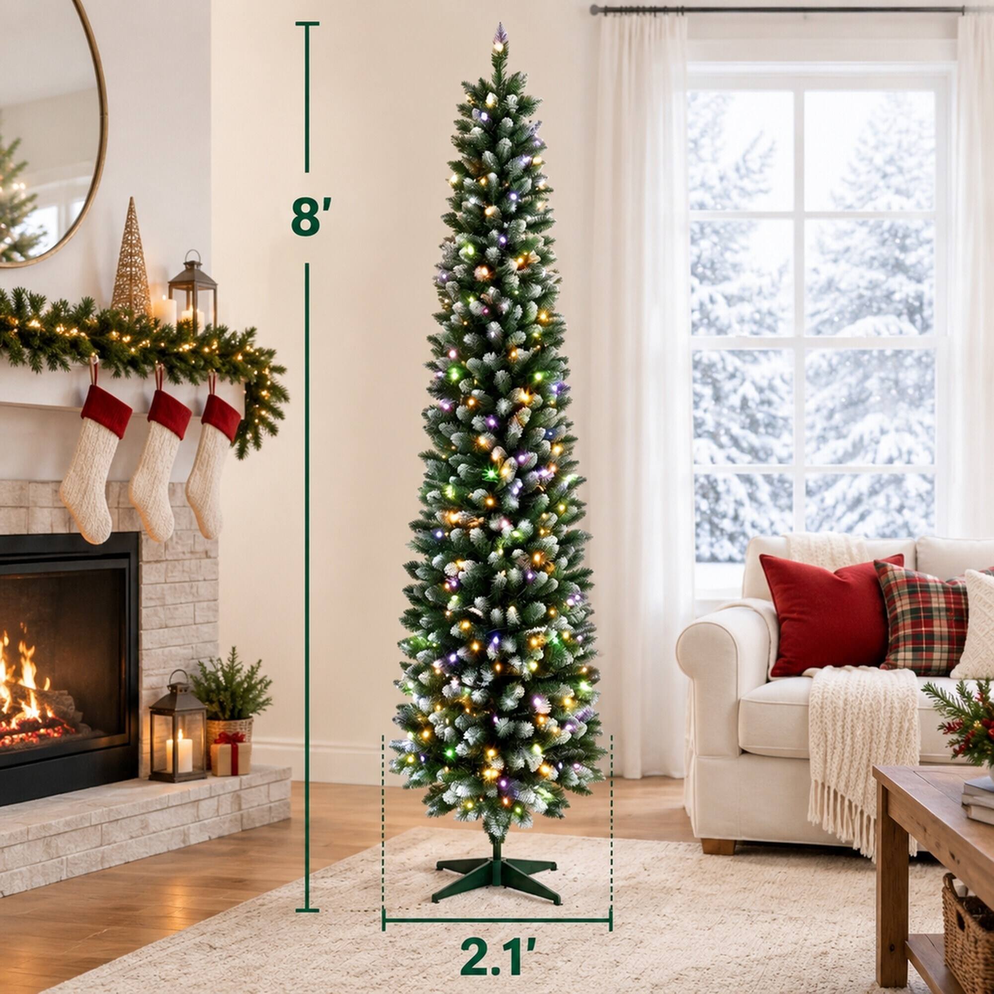 Alt View 3. RYHNUYNE - 8FT Pre-Lit Flocked Pencil Christmas Tree With Dual-Color Green White LED Lights and Remote, 11 Modes - Green,White.