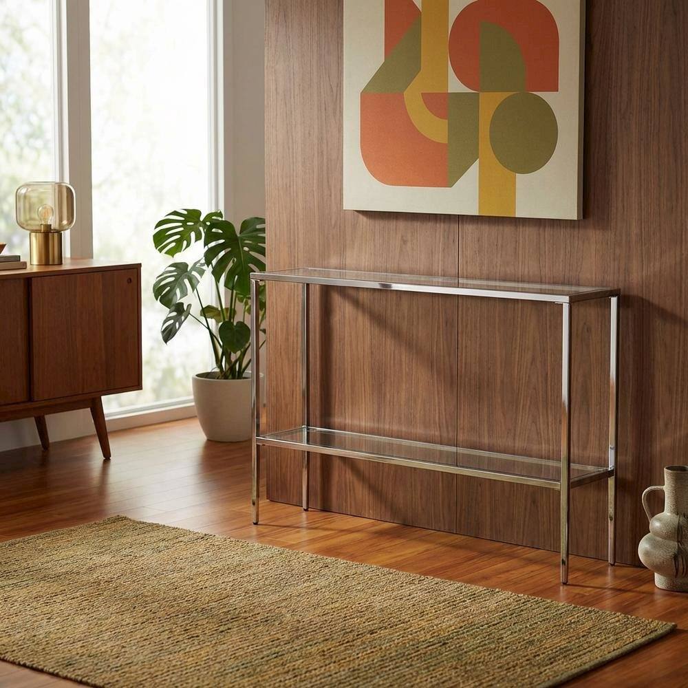 Alt View 2. FurniFact - Chrome Console Table with Sleek Finish and Modern Design - Clear.