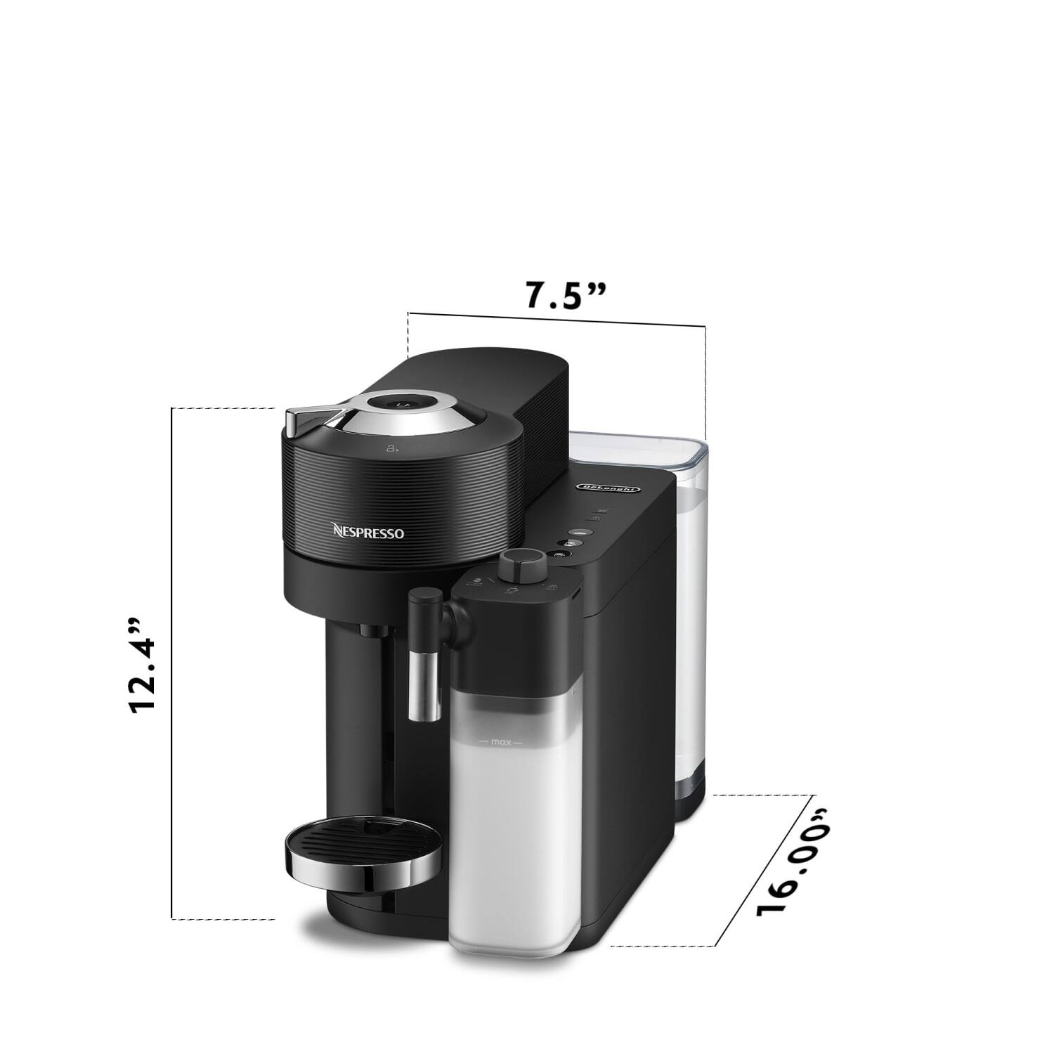 The image shows a coffee maker and a measuring cup, with the coffee maker being 7.5 inches tall and the measuring cup being 12.4 inches tall. The coffee maker has a 16.00-inch height measurement.