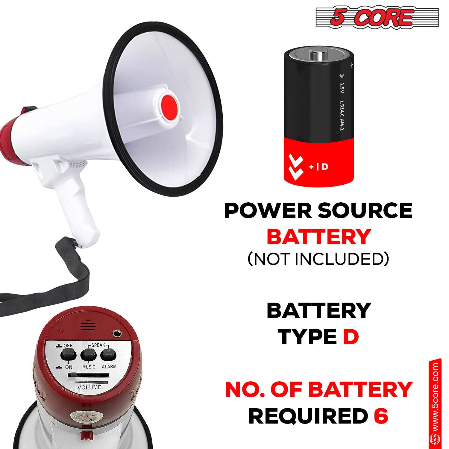 5 CORE

POWER SOURCE: BATTERY (NOT INCLUDED)

BATTERY TYPE: D

NO. OF BATTERIES REQUIRED: 6

www.5core.com