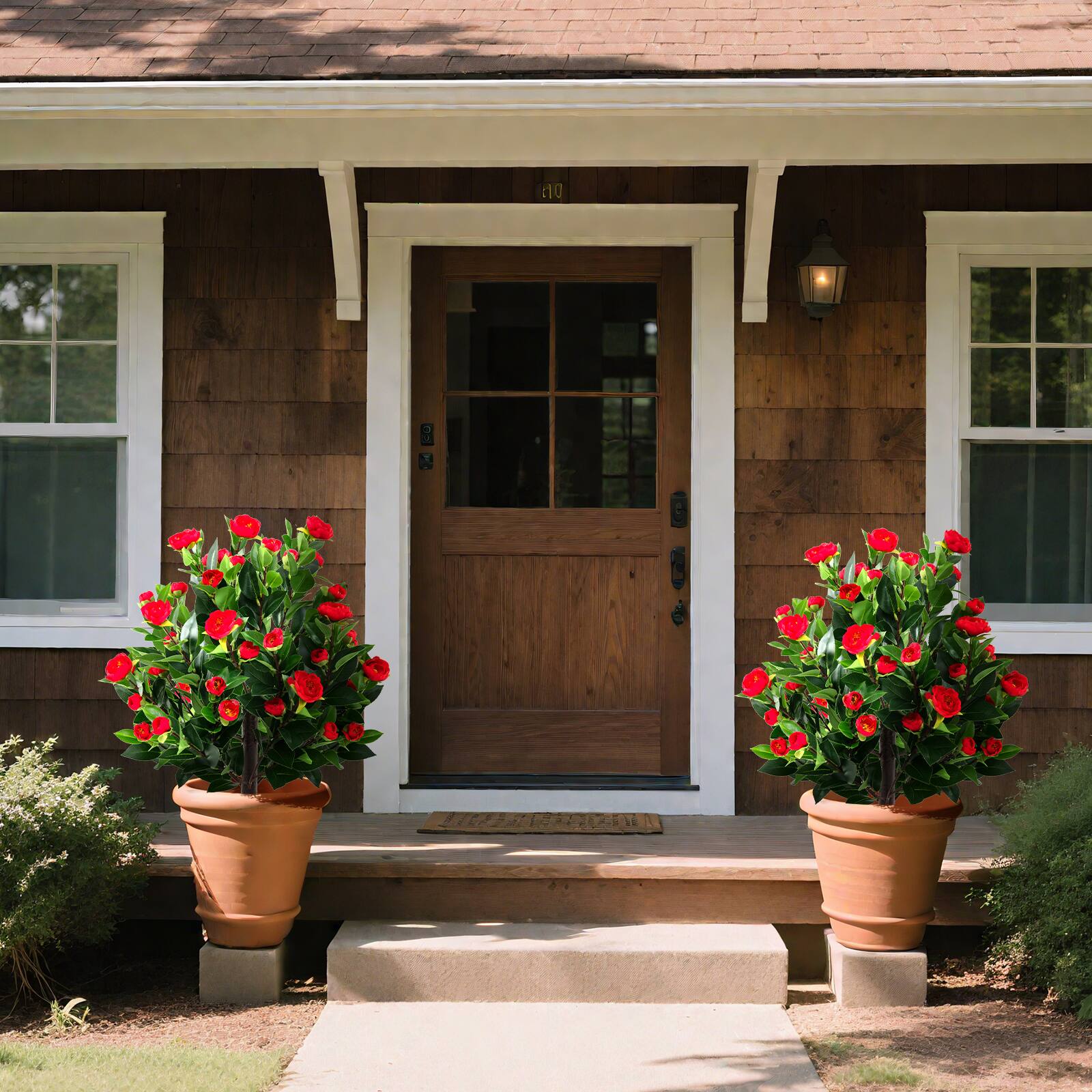 Alt View 1. Gymax - Gymax 2 Pack 31'' Artificial Camellia Tree Set w/Ground Spikes Floral Blooming Bushes - Green.