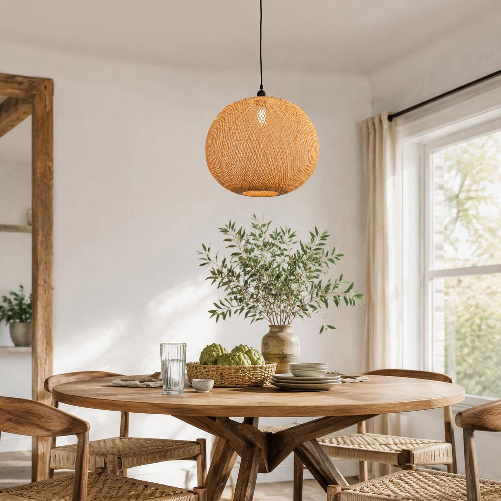 Angle. RYHNUYNE - Boho Round Rattan Pendant Ceiling Light, Hand-Woven Natural Bamboo Hanging Lamp for Dining Living Room - Beige.