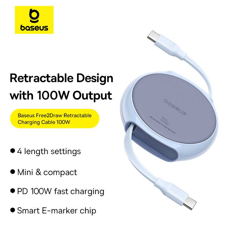 baseus Retractable Design with 100W Output, Baseus Free2Draw Retractable Charging Cable 100W, 4 length settings, Mini & compact, PD 100W fast charging, Smart E-marker chip