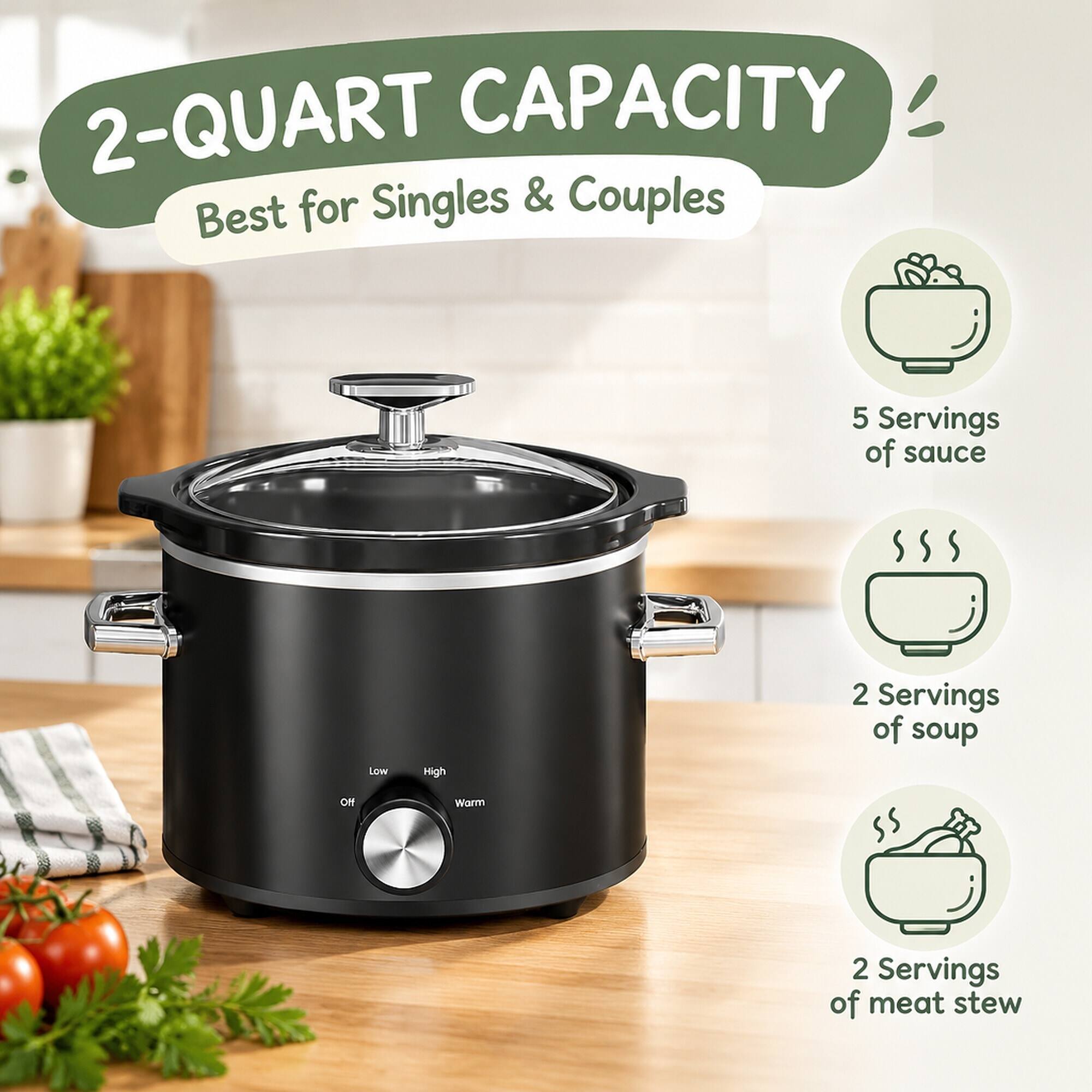 2-QUART CAPACITY for Singles & Couples Best

5 Servings of sauce
Low
High
2 Servings of soup
Off
Warm
2 Servings of meat stew
