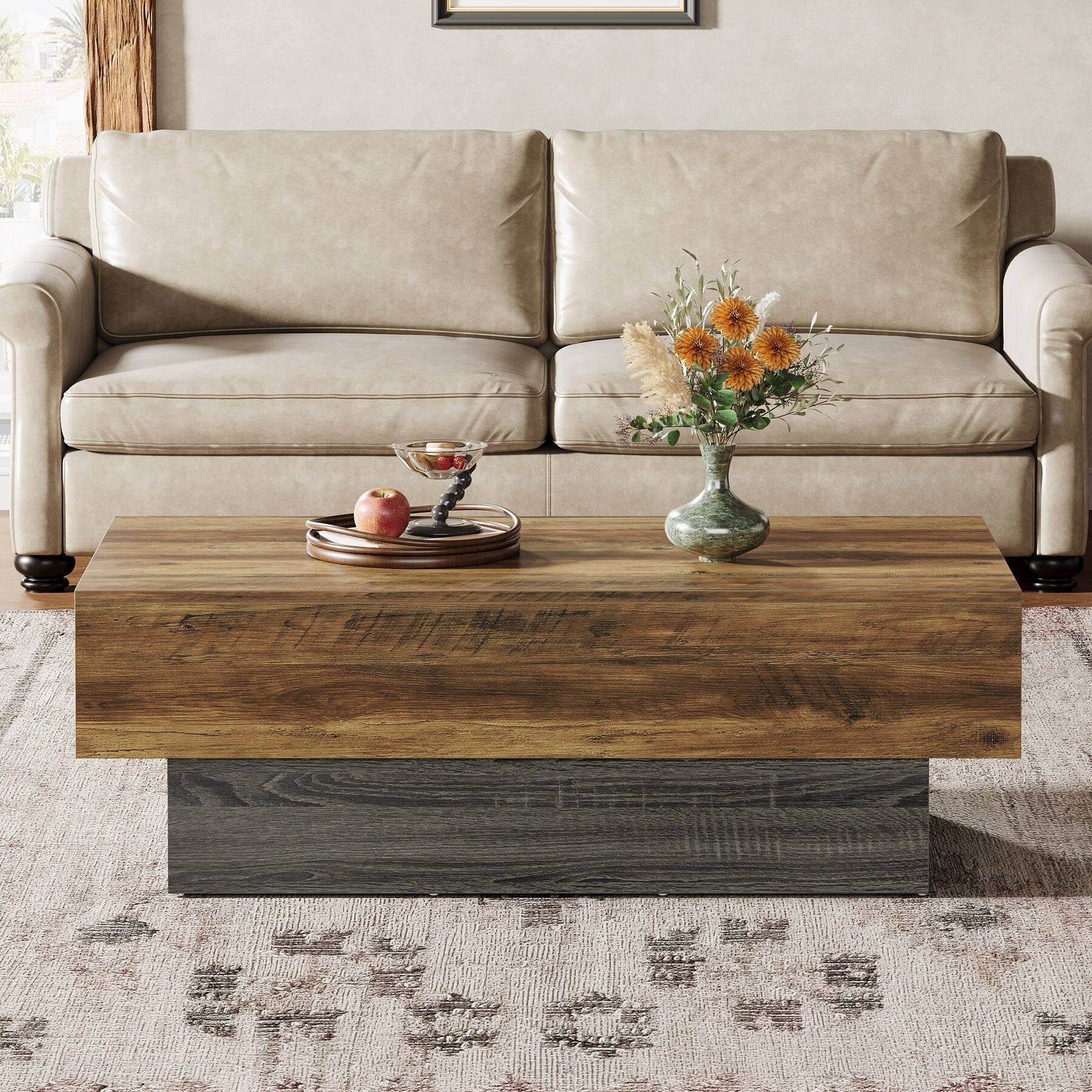 Angle. Tribesigns - Farmhouse Coffee Table with Engineered Wood Construction and Rectangular Top for Living Room - Brown.